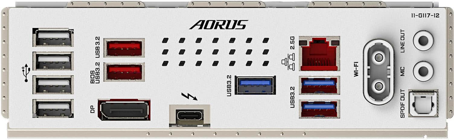 The text on the image is grouped as follows:
1. USB 3.2 BIOS USB3.2 DP AORUS USB3.2 2.5G USB3.2 Wi-Fi 11-G117-12 OUT LINE MIC OUT SPDIF
The corrected text is:
1. USB 3.2 BIOS USB3.2 DP AORUS USB3.2 2.5G USB3.2 Wi-Fi 11-G117-12 OUT LINE MIC OUT SPDIF