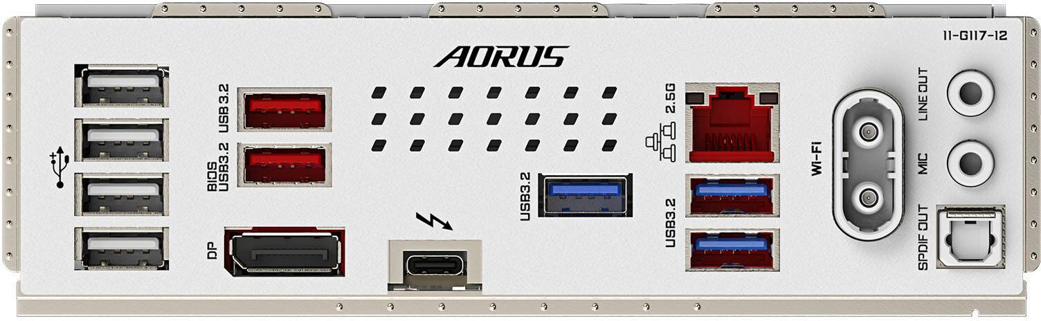 The text on the image is grouped as follows:

1. USB 3.2 BIOS USB3.2 DP AORUS USB3.2 2.5G USB3.2 Wi-Fi 11-G117-12 OUT LINE MIC OUT SPDIF

The corrected text is:

1. USB 3.2 BIOS USB3.2 DP AORUS USB3.2 2.5G USB3.2 Wi-Fi 11-G117-12 OUT LINE MIC OUT SPDIF