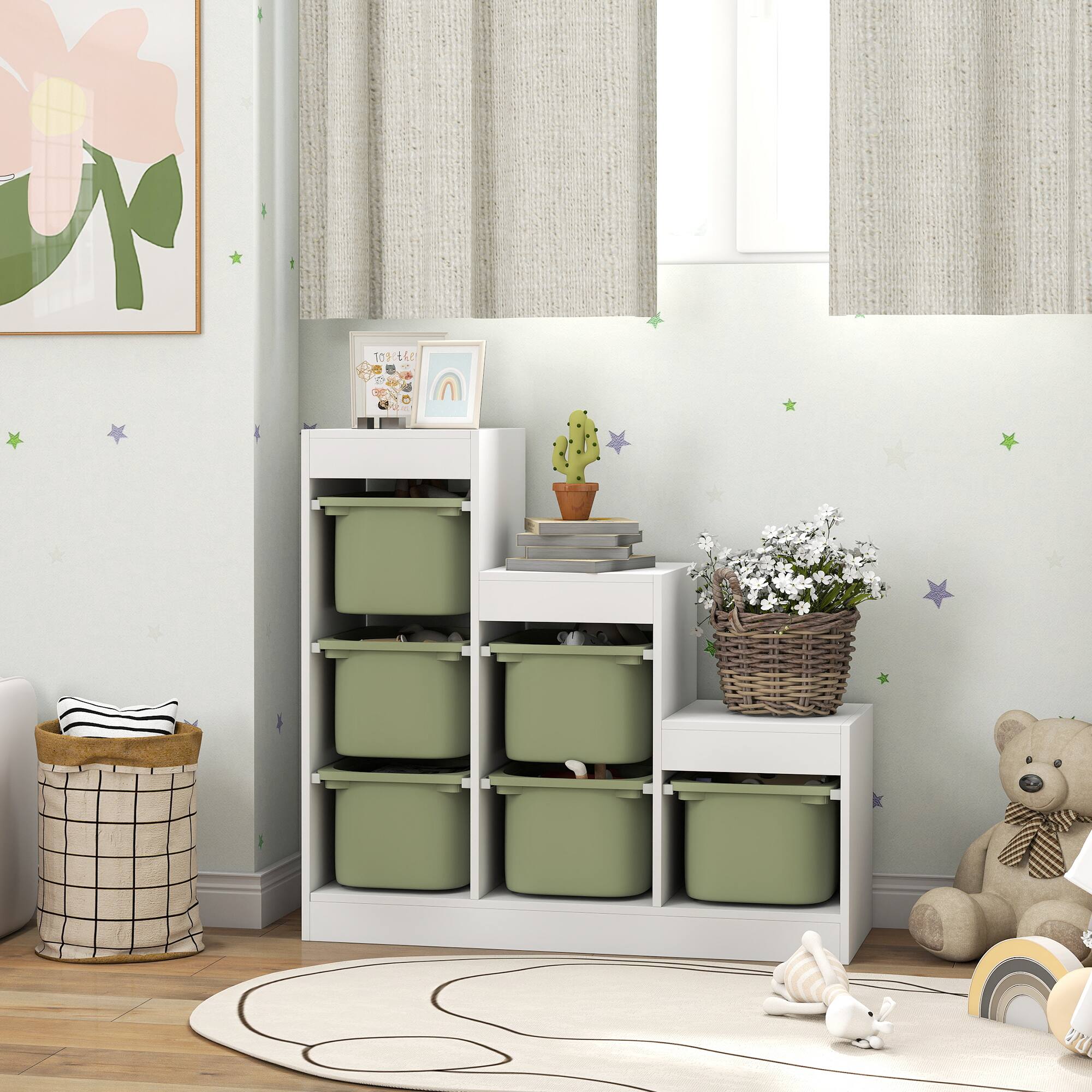 Alt View 1. Qaba - Layers Kids Toy Storage Organizer with 6 Storage Bins, Kids Bookshelf for Ages 3-8 Years, Play Room - Green.