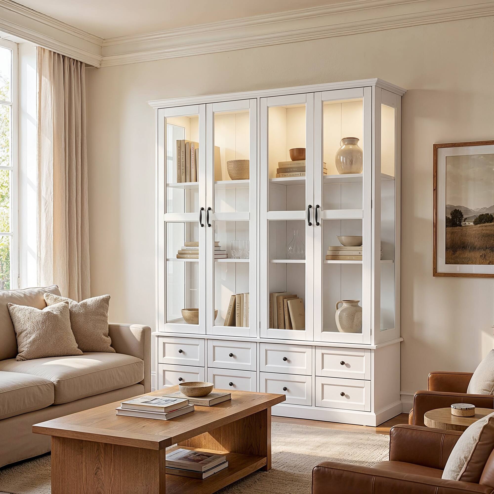 Alt View 4. Famapy - French Style Glass Display Cabinet with Storage Drawers and Anti-Tip Design.