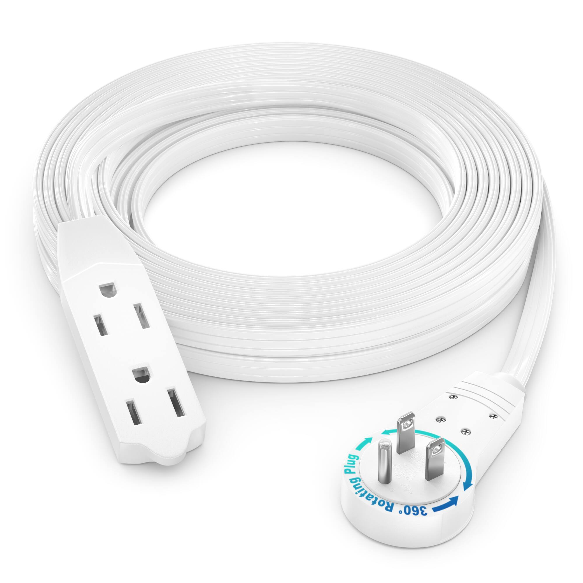 Maximm - 15 Ft 360° Rotating Flat Plug Extension Cord / Wire, 16 AWG Multi 3 Outlet, 3 Prong Grounded Wire - UL Certified - White