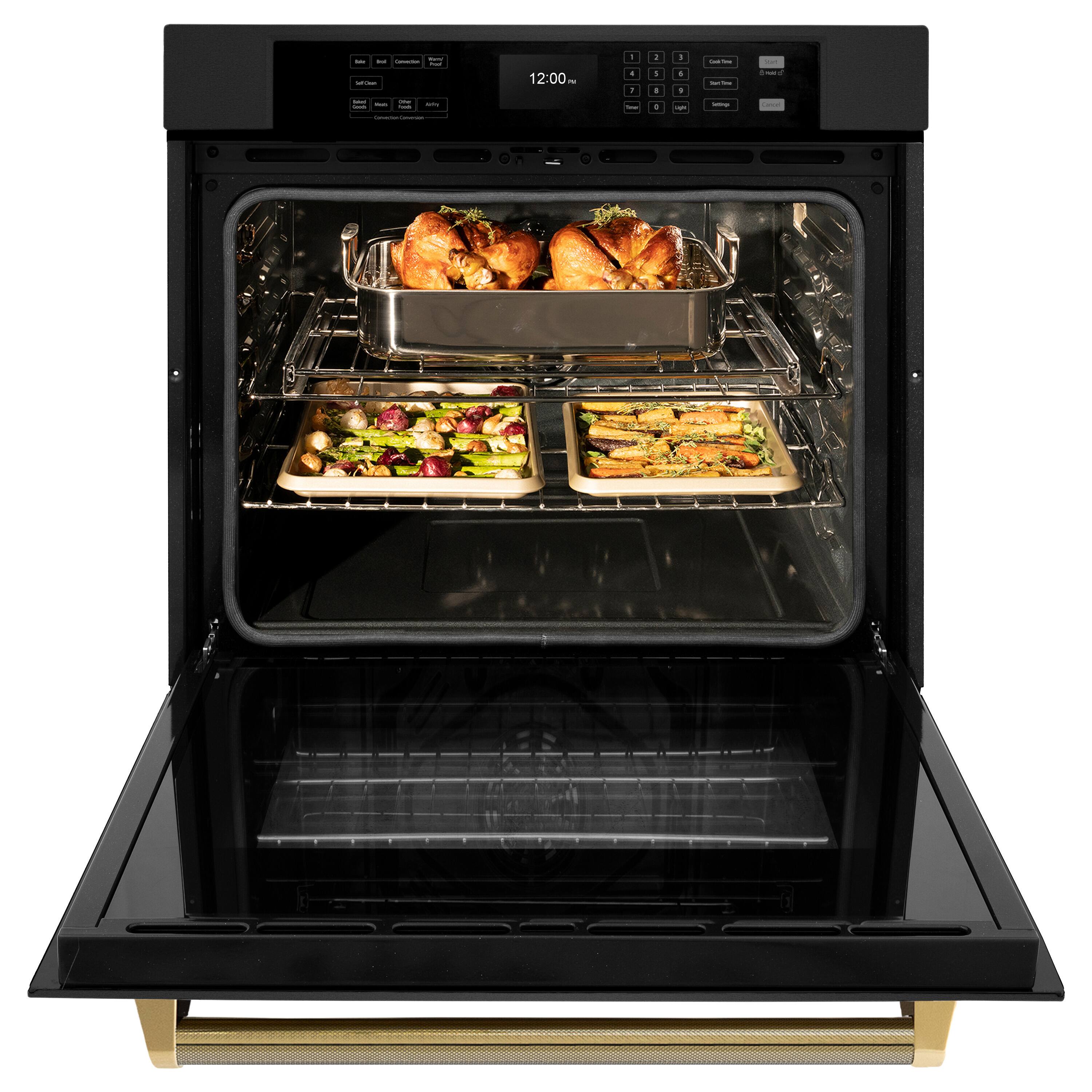 Left. ZLINE - ZLINE Autograph 30 in. True Convection Single Wall Oven in Black Steel with Gold Helix Handle (WASBZ-30-KG) - Black Stainless Steel.