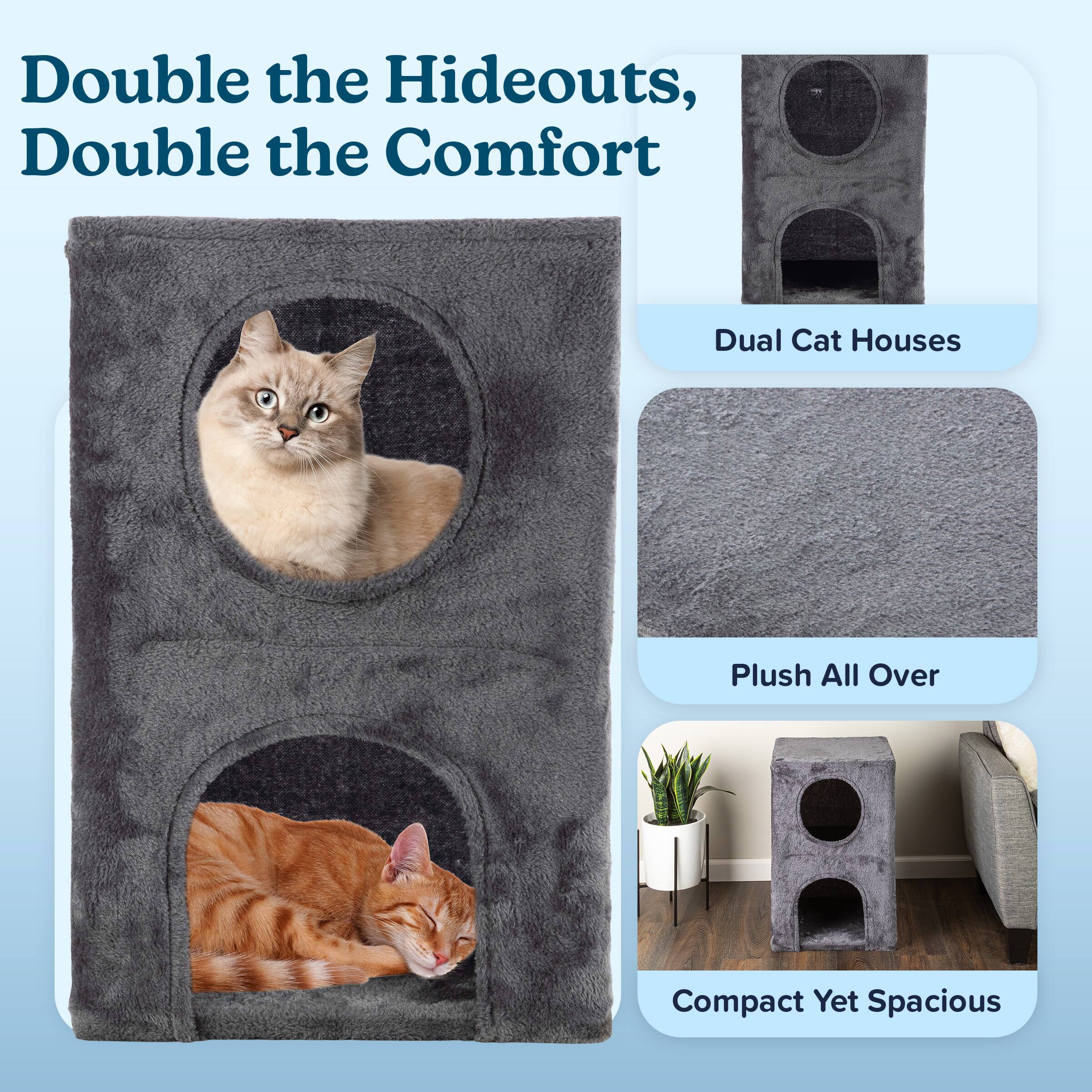 Double the Hideouts, Double the Comfort

- Dual Cat Houses
- Plush All Over
- Compact Yet Spacious