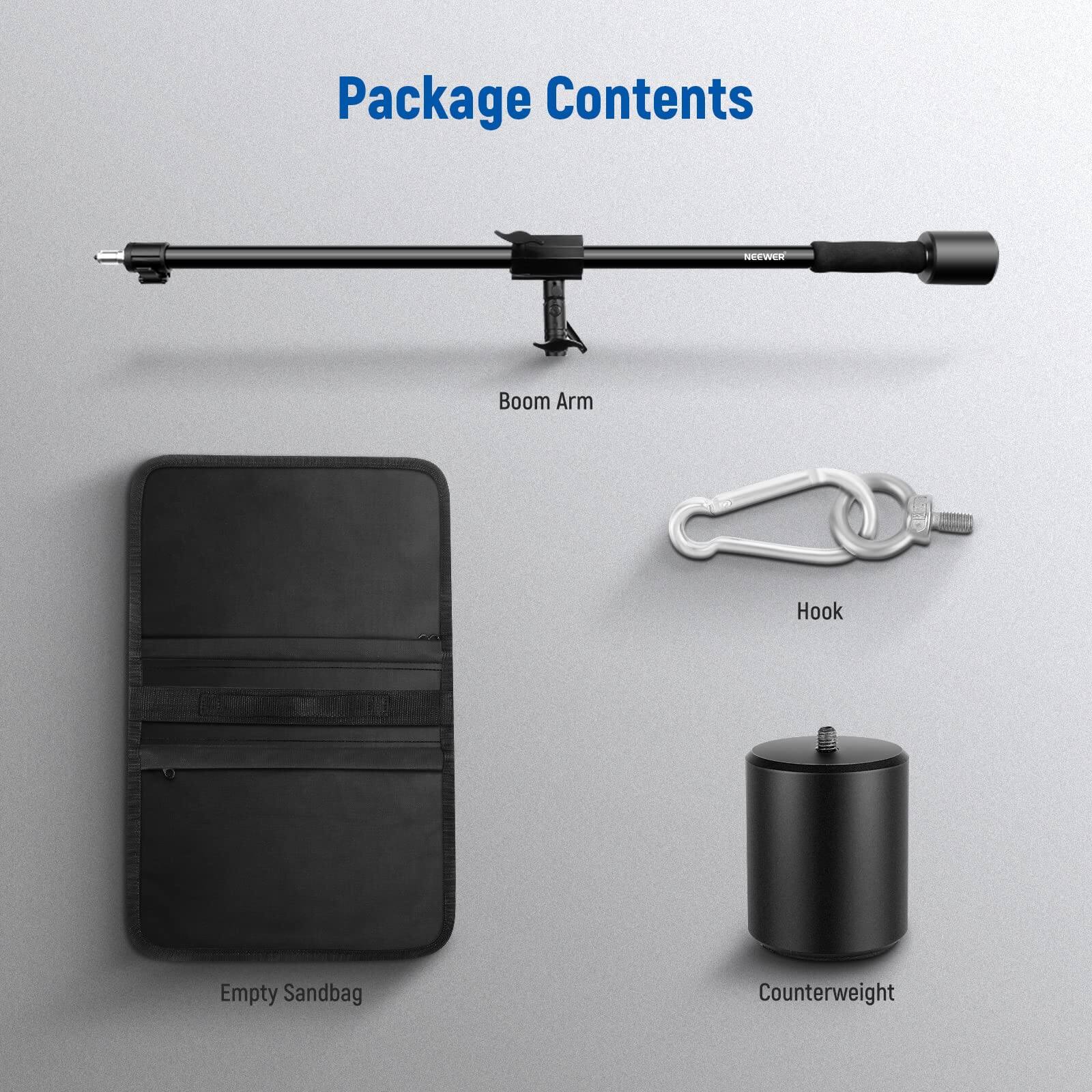 Package Contents

- Boom Arm
- Hook
- Empty Sandbag
- Counterweight