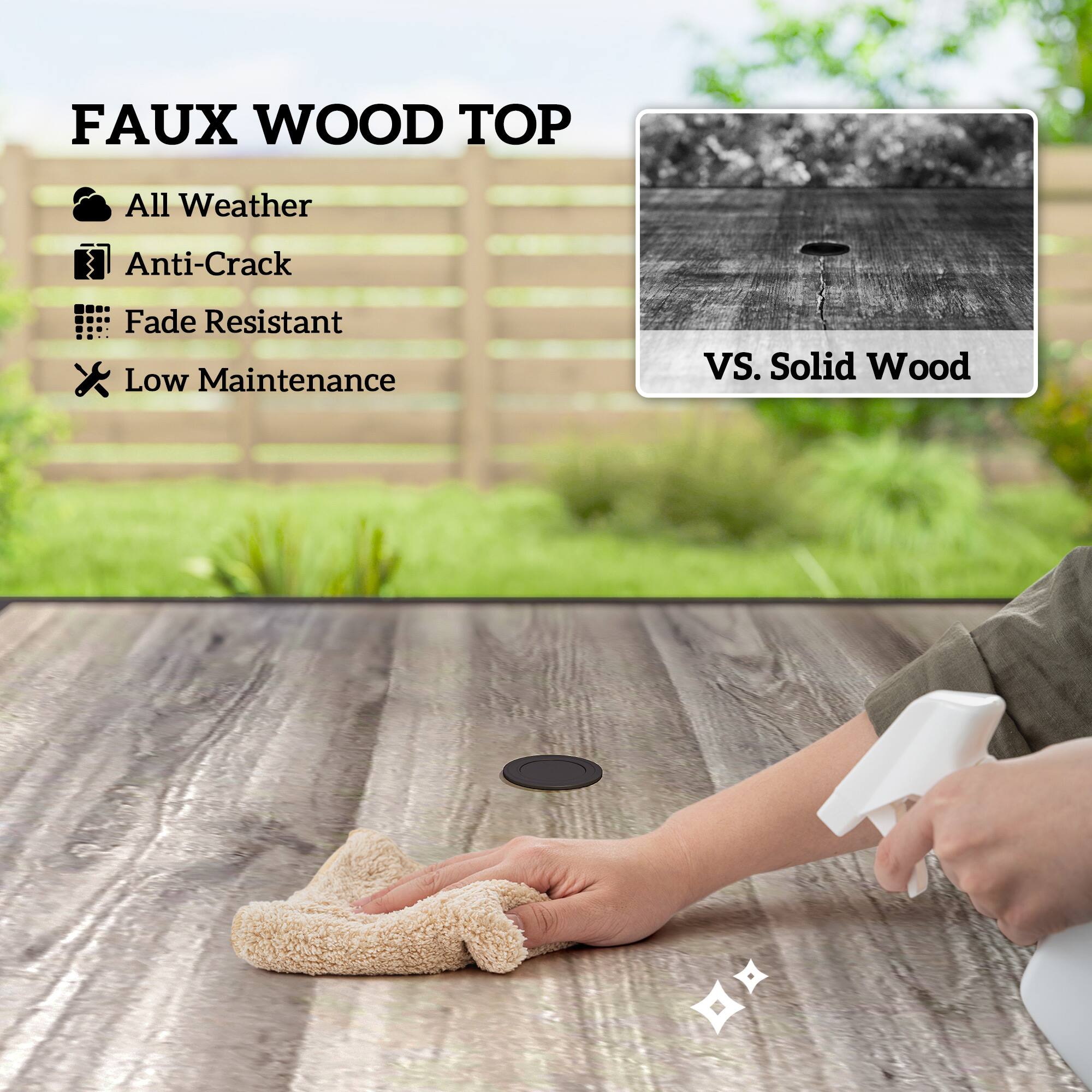 FAUX WOOD TOP  
All Weather  
Anti-Crack  
Fade Resistant  
Low Maintenance  

VS. Solid Wood