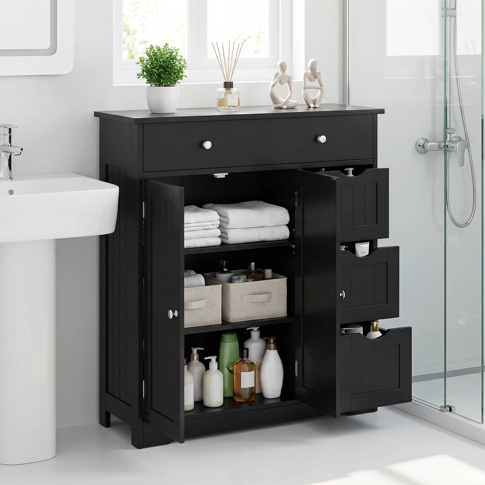 Alt View 3. Gymax - Gymax Bathroom Floor Cabinet Storage Cabinet w/4 Drawers2 Doors&Adjustable Shelf Black - Black.