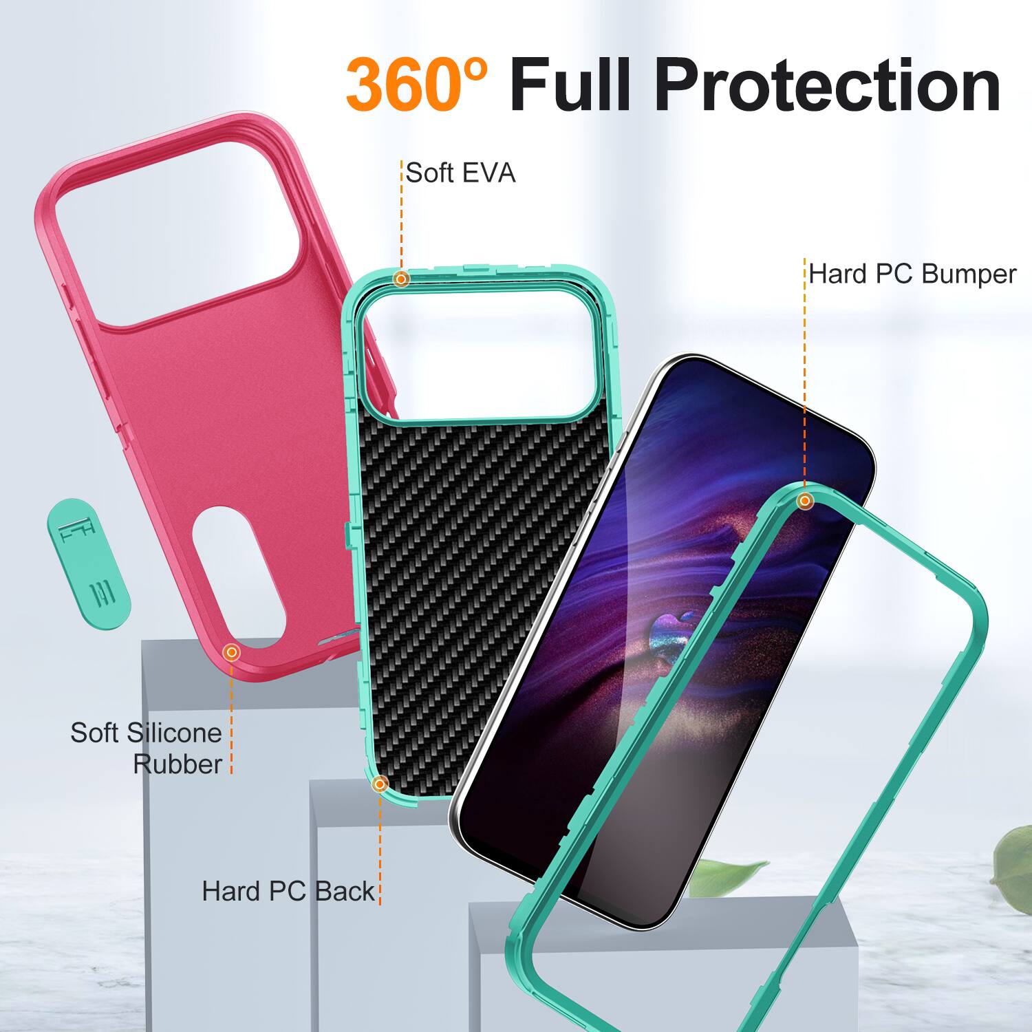 360° Full Protection

- Soft EVA
- Hard PC Bumper
- Soft Silicone Rubber
- Hard PC Back