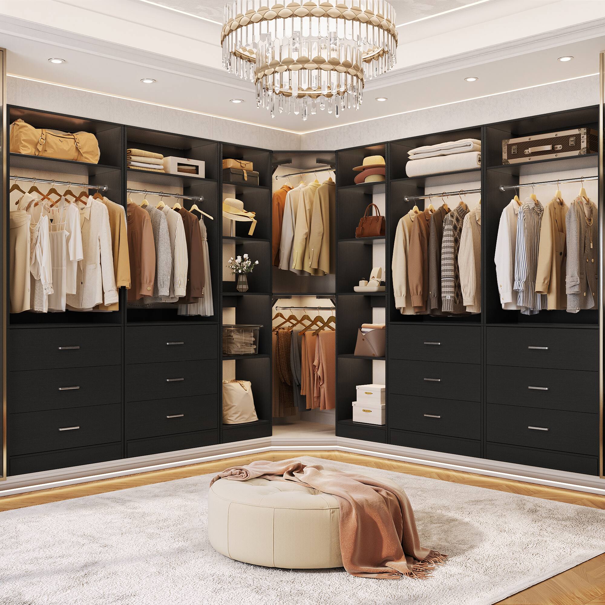 Back. Aheaplus - Reversible L Shaped Corner Walk-in Closet System - 6 Drawers, 20+ Shelves, 4 Hanging Rods, 2500+LBS Load,63.2"L-87.2"L. - Black.