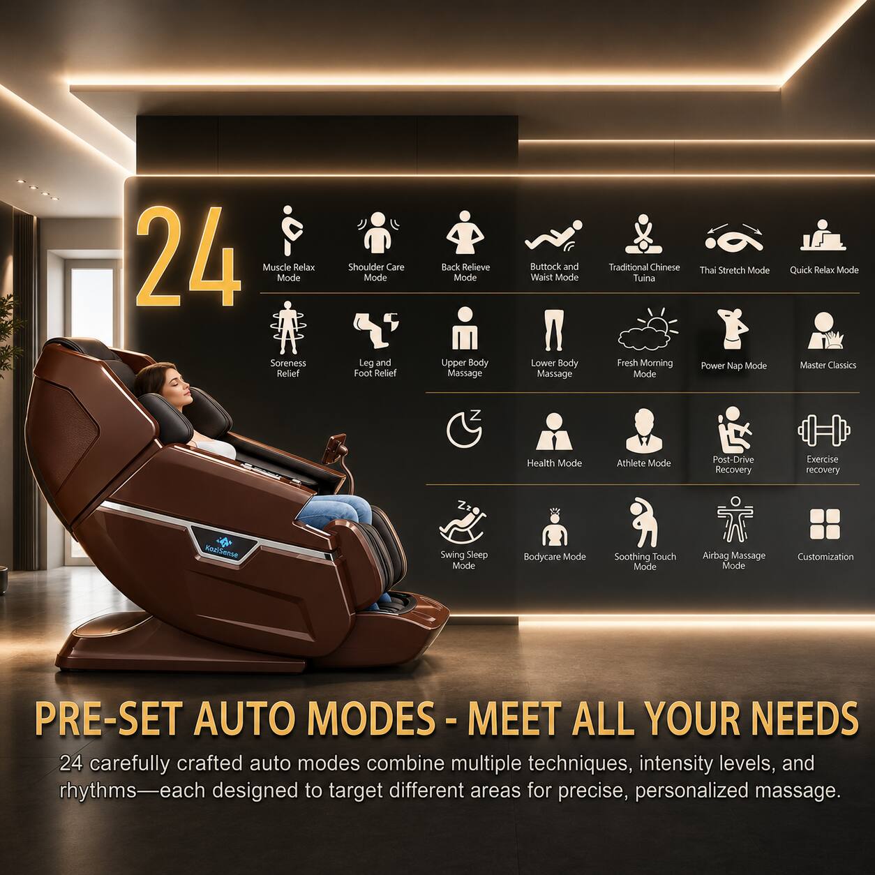 24 Muscle Relax Mode Shoulder Care Mode Soreness Relief Leg and Foot Relief Back Relieve Mode Upper Body Massage Buttock and Waist Mode Lower Body Massage Traditional Chinese Tuina Fresh Morning Mode Thai Stretch Mode Power Nap Mode Quick Relax Mode Master Classics Z Health Mode Athlete Mode Post-Drive Recovery Exercise recovery MaziSense Swing Sleep Mode Bodycare Mode Soothing Touch Mode Airbag Massage Mode Customization PRE-SET AUTO MODES - MEET ALL YOUR NEEDS 24 carefully crafted auto modes combine multiple techniques, intensity levels, and rhythms—each designed to target different areas for precise, personalized massage.