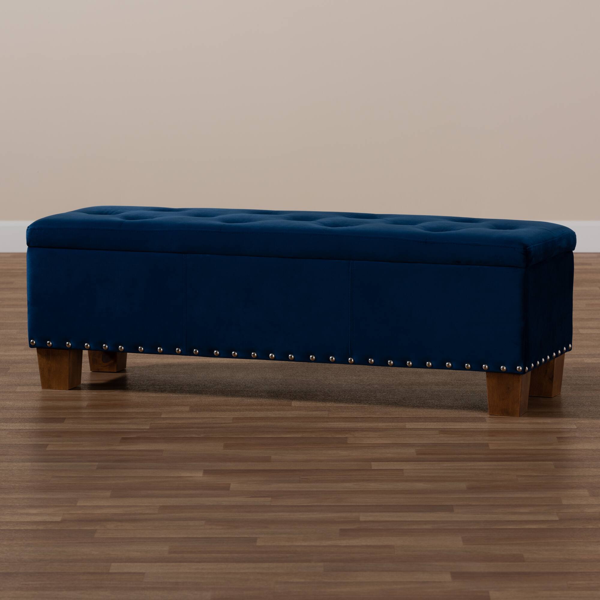 Alt View 6. Baxton Studio - Hannah Modern and Contemporary Velvet Fabric Upholstered Button-Tufted Storage Ottoman Bench - Navy Blue/Brown.