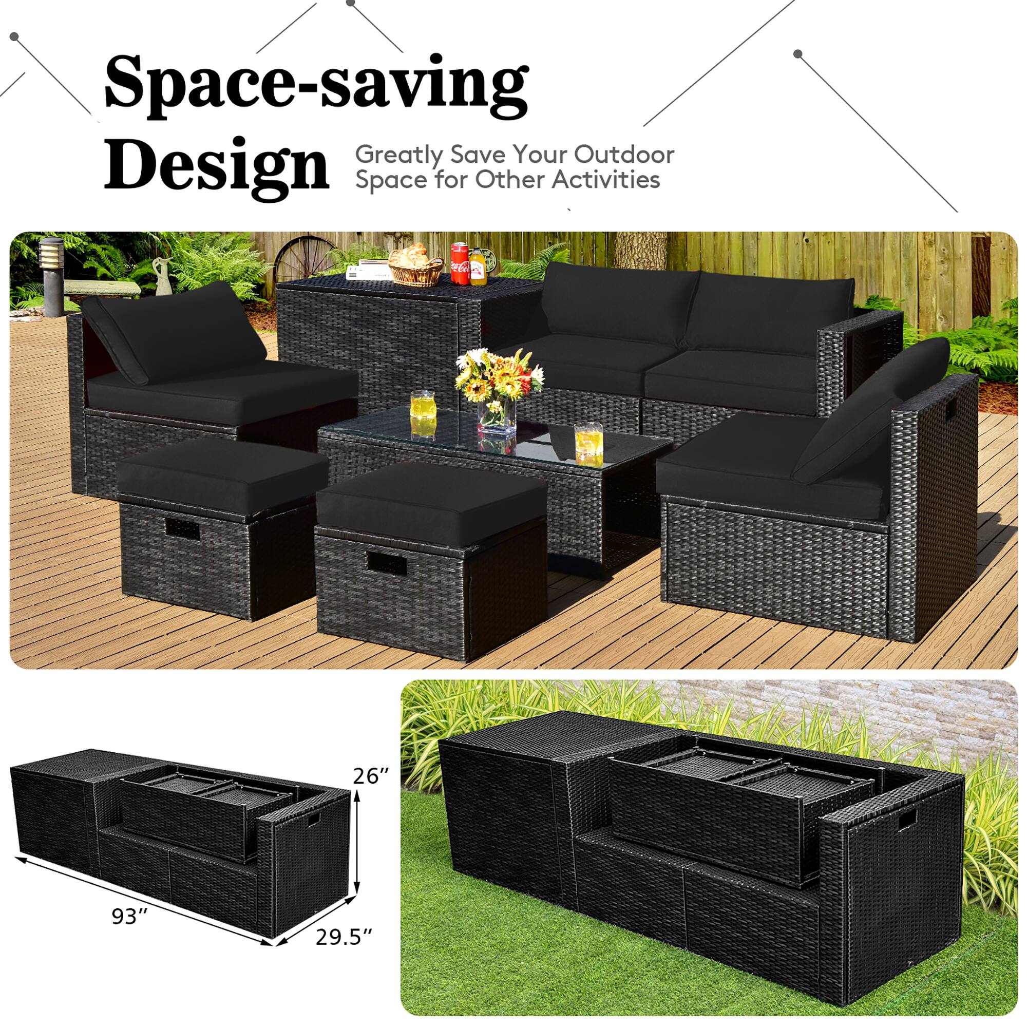 Space-saving Design  
Greatly Save Your Outdoor Space for Other Activities  

26"  
93"  
29.5"