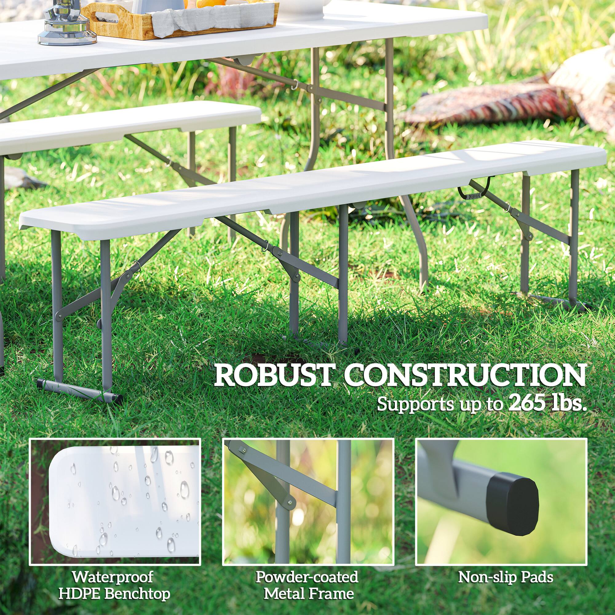 ROBUST CONSTRUCTION  
Supports up to 265 lbs.  
Waterproof HDPE Benchtop  
Powder-coated Metal Frame  
Non-slip Pads