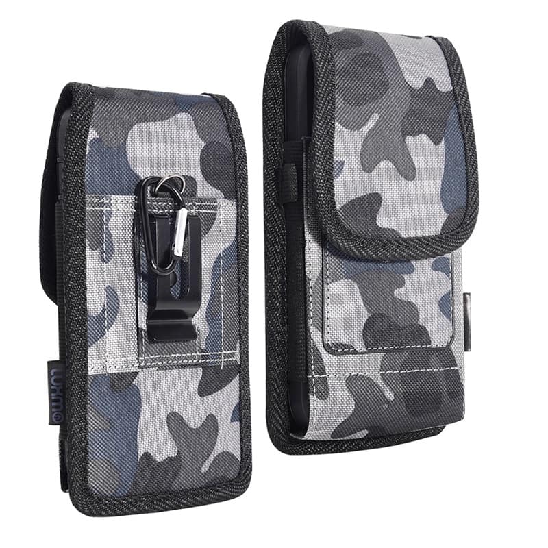 Front. LUXMO - LUXMO Large Vertical Universal Nylon Phone Pouch with Dual Card Slots - Grey Camo - Gray.