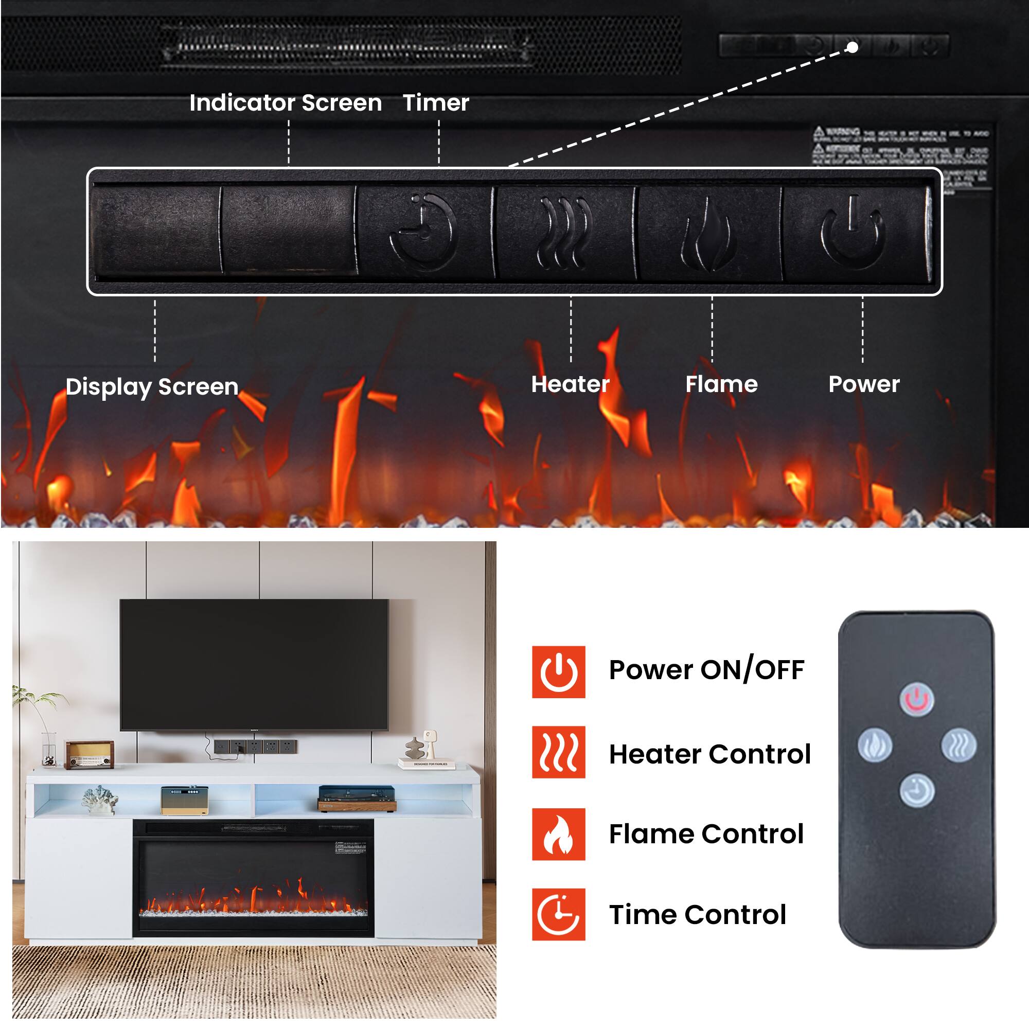 Indicator Screen  
Timer  
Display Screen  
Heater  
Flame  
Power  

Power ON/OFF  
Heater Control  
Flame Control  
Time Control