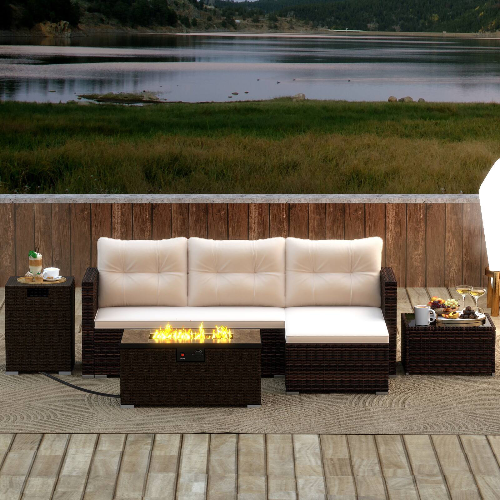 Alt View 7. Gymax - Gymax 4 PCS Outdoor Furniture Set w/ 32'' Fire Pit Table & Propane Tank Cover - Mix Brown.