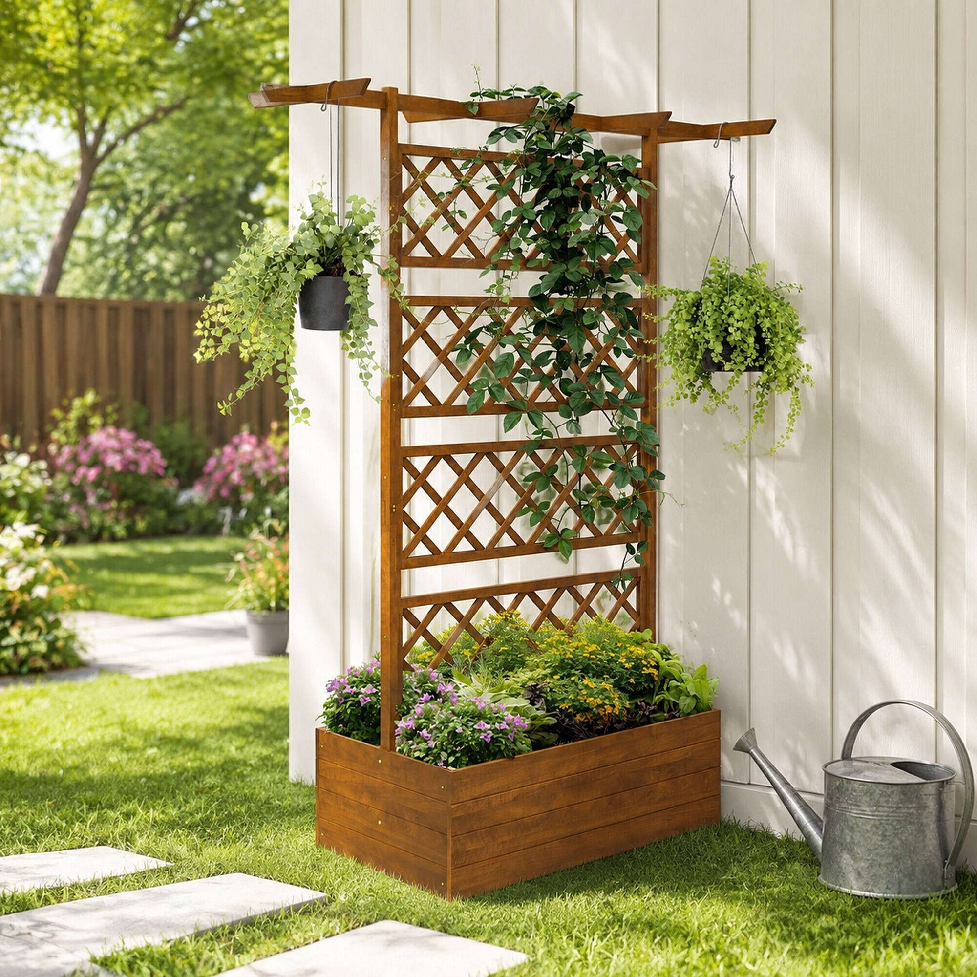 Alt View 2. RYHNUYNE - Outsunny Wood Planter with Trellis and Roof, Raised Garden Bed for Climbing Plants, Vegetables and Flowers, Firwood - Orange.