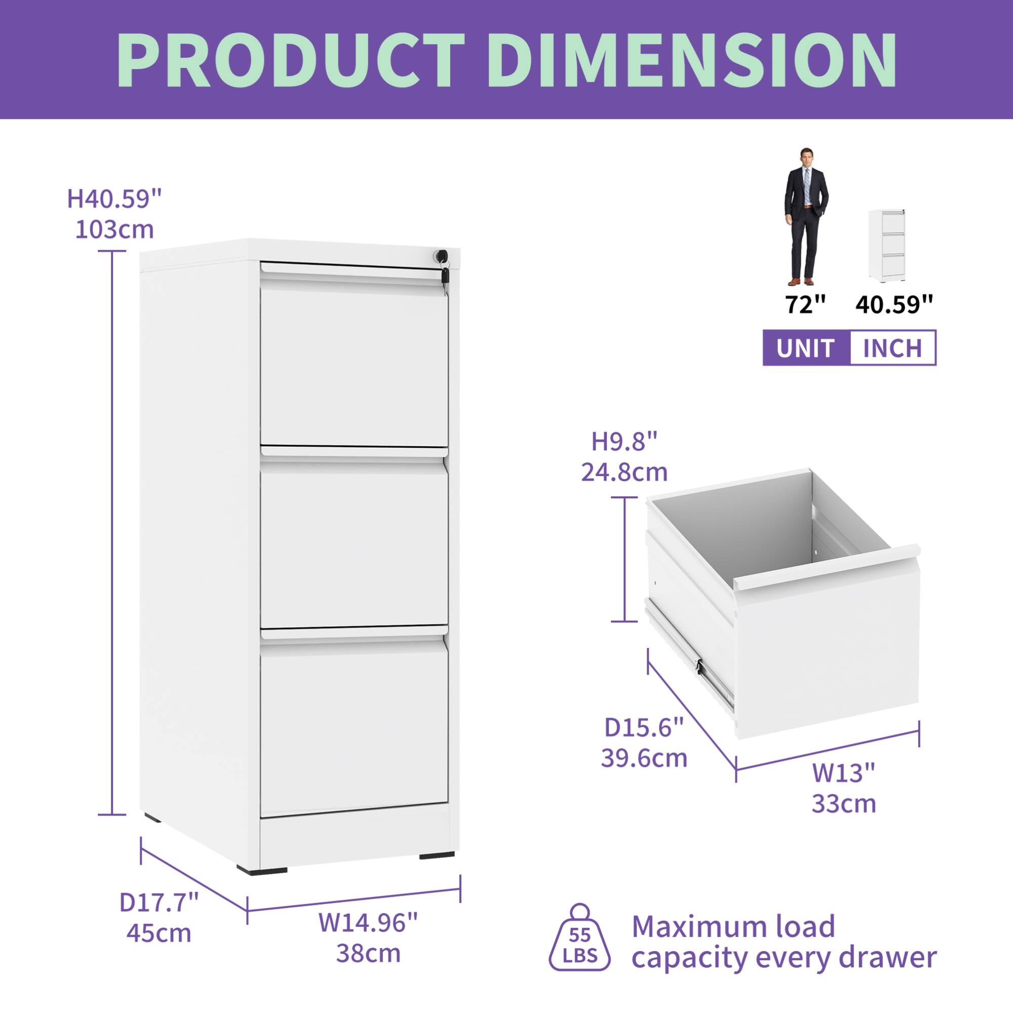 **PRODUCT DIMENSION**

- **Height (H):** 40.59" (103cm)
- **Width (W):** 14.96" (38cm)
- **Depth (D):** 17.7" (45cm)

**Drawer Dimensions:**
- **Height (H):** 9.8" (24.8cm)
- **Width (W):** 13" (33cm)
- **Depth (D):** 15.6" (39.6cm)

**Maximum Load Capacity:**
- 55 LBS per drawer

**Unit:** INCH
