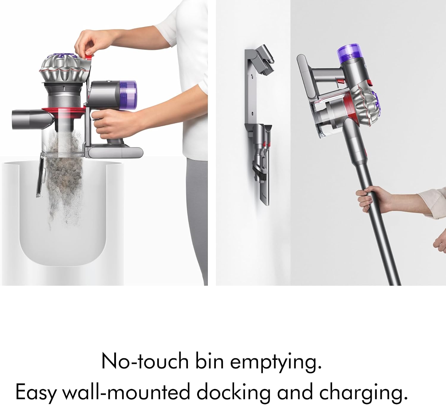 No-touch bin emptying.  
Easy wall-mounted docking and charging.