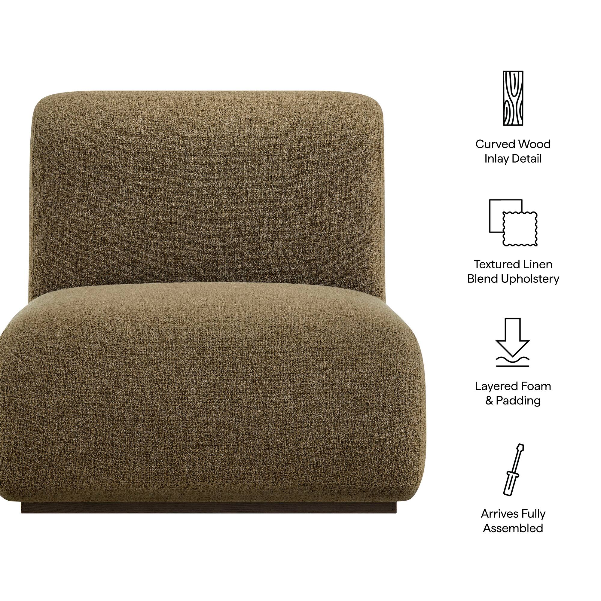 Curved Wood Inlay Detail  
Textured Linen Blend Upholstery  
Layered Foam & Padding  
Arrives Fully Assembled