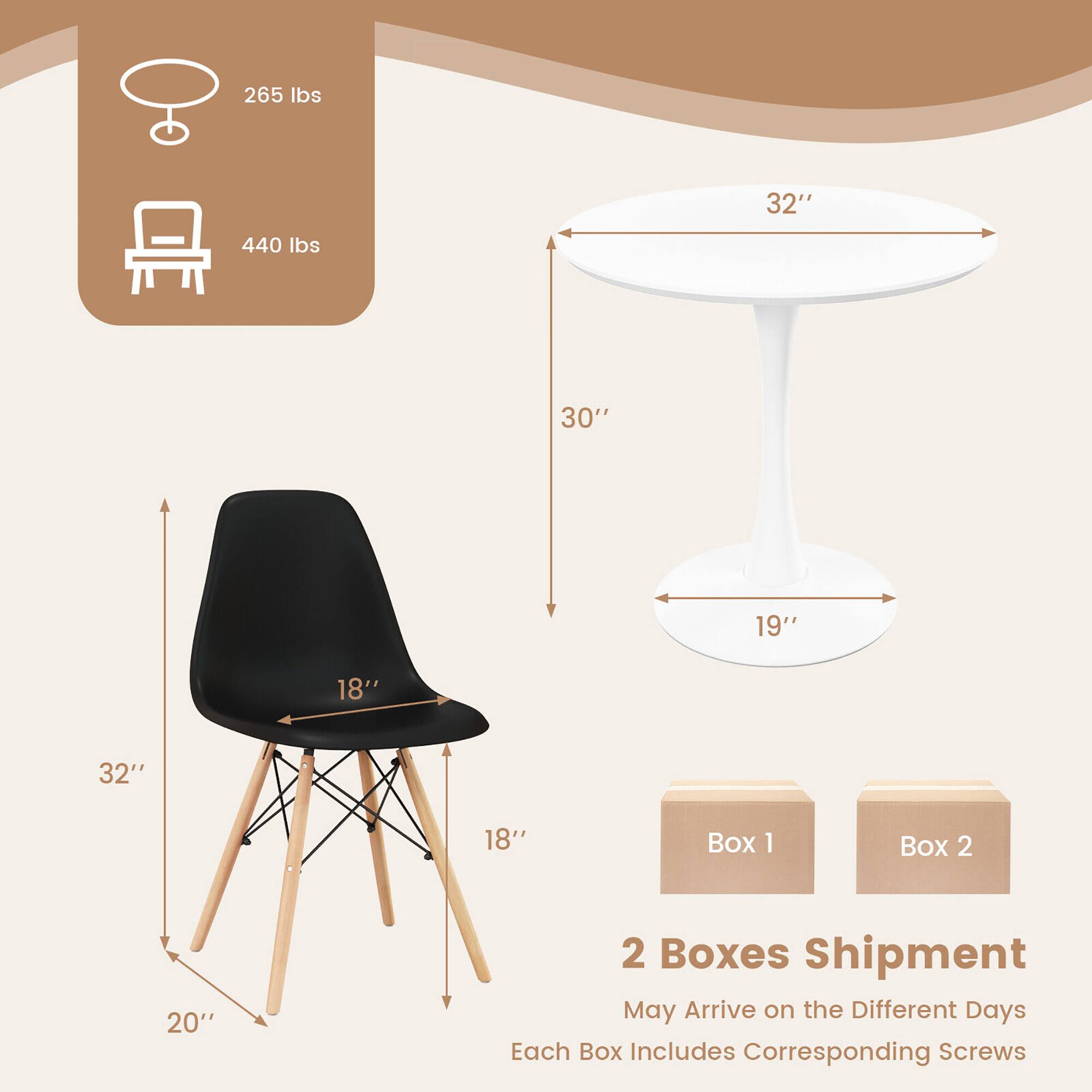 265 lbs  
32"  
440 lbs  
30"  
19"  
18"  
32"  
18"  
20"  

Box 1  
Box 2  

2 Boxes Shipment  
May Arrive on the Different Days  
Each Box Includes Corresponding Screws