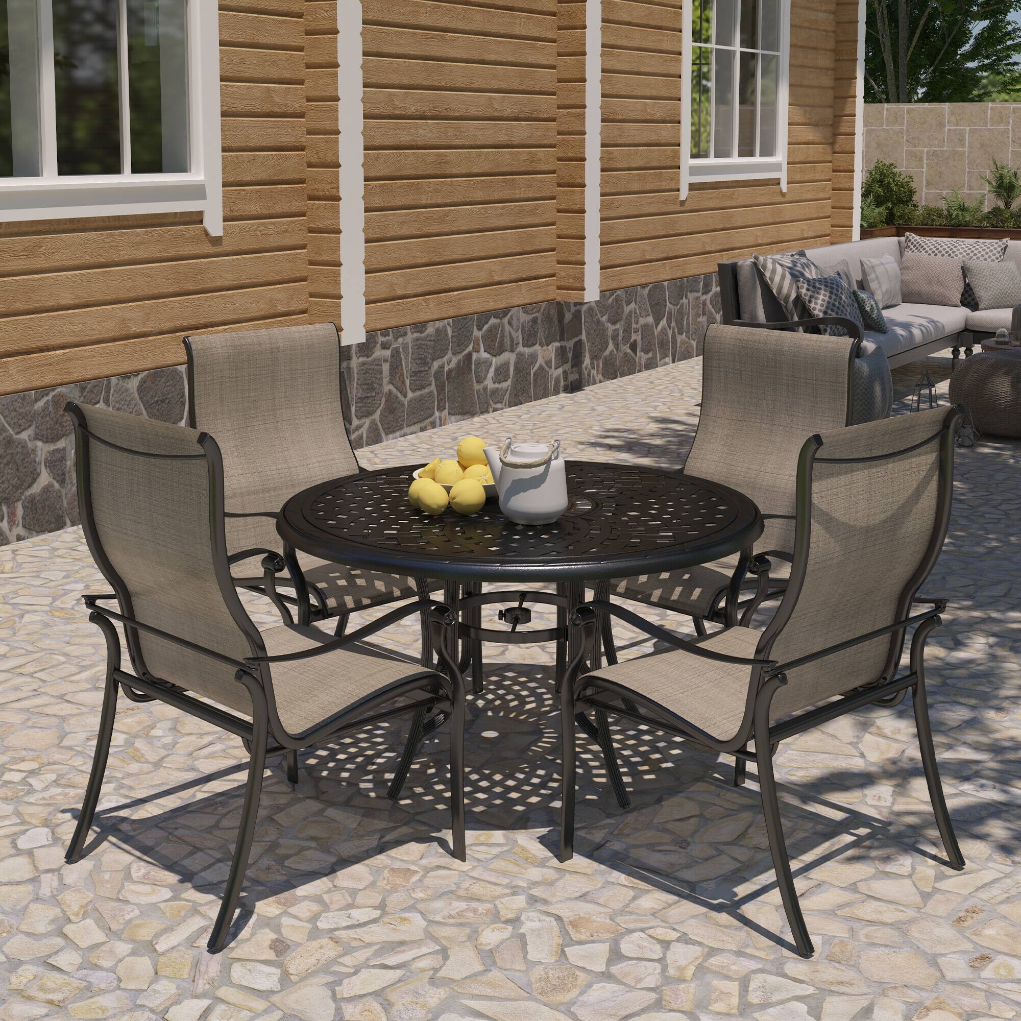 Angle. Mondawe - 5-Piece Outdoor Dining Set with Round Cast Aluminum Mesh Design Table and 4 Teslin Chairs - Black+Bronze.