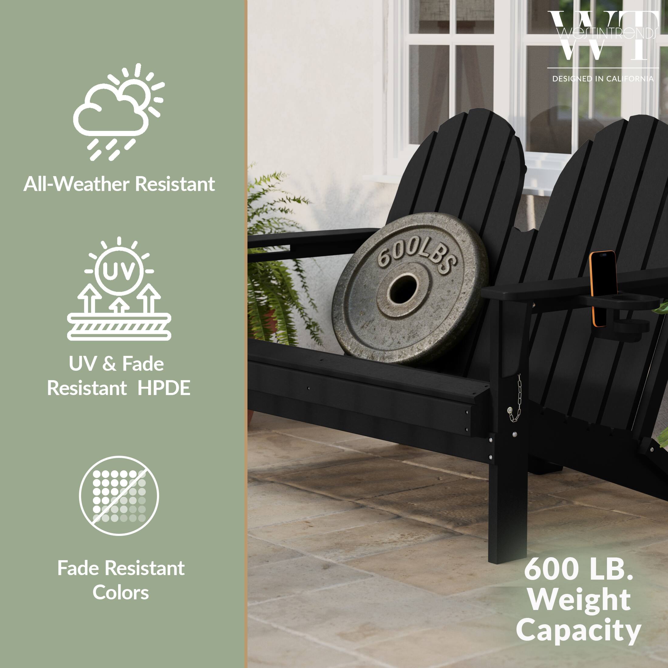 WIT WOSTINTRENDS VVI  
DESIGNED IN CALIFORNIA  
All-Weather Resistant  
UV & Fade Resistant HPDE  
Fade Resistant Colors  
600 LB. Weight Capacity