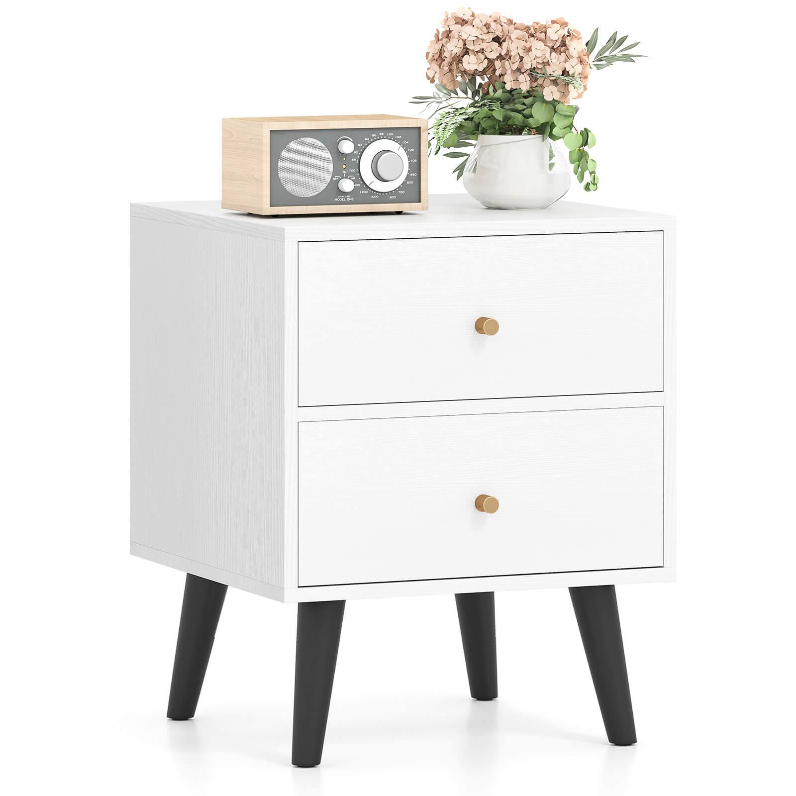 Front. Costway - Costway Nightstand with 2 Drawer with Storage, Small Accent Table with Golden Knobs - White,Black.