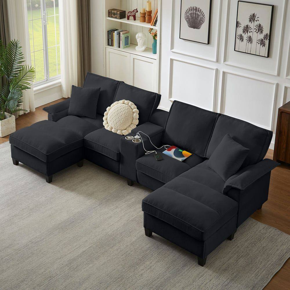 Left. Kadyn - 120" U-Shaped Sectional Sofa Bed, 4-Seater Corduroy with Storage and Cup Holders, Black - Black.