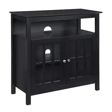 Front. FurniFact - TV Cabinet for 40-inch TV, 4 Shelving Tiers in Black Wood, Cable Management - Brown.