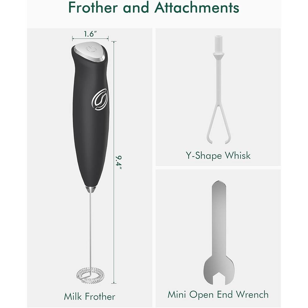 Frother and Attachments

- Milk Frother
  - Height: 9.4"
  - Diameter: 1.6"

- Y-Shape Whisk

- Mini Open End Wrench