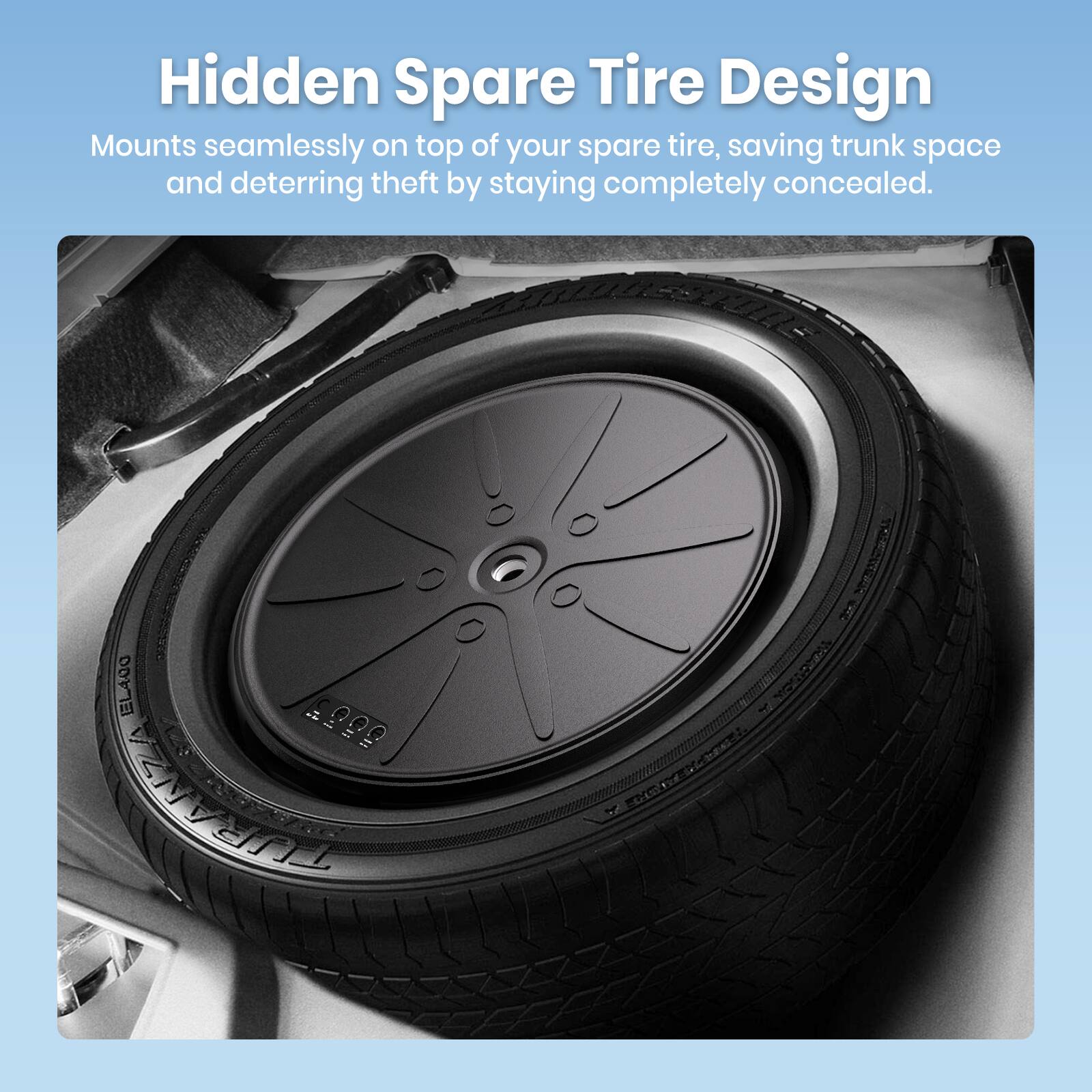 Hidden Spare Tire Design  
Mounts seamlessly on top of your spare tire, saving trunk space and deterring theft by staying completely concealed.  

ELACO TURANTA SCS