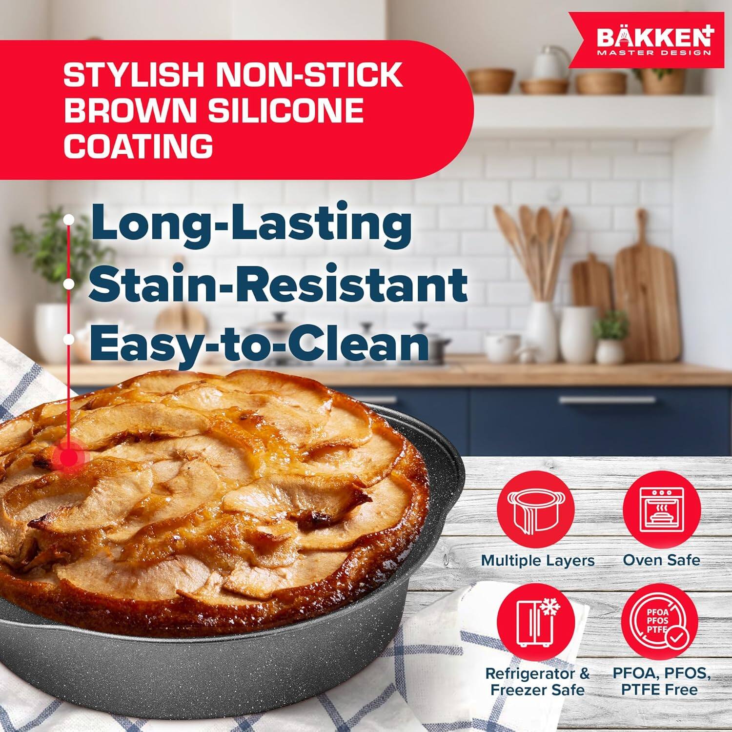 STYLISH NON-STICK BROWN SILICONE COATING BKKEN MASTER DESIGN Long-Lasting Stain-Resistant Easy-to-Clean Multiple Layers Oven Safe Refrigerator & Freezer Safe PFOA, PFOS, PTFE Free