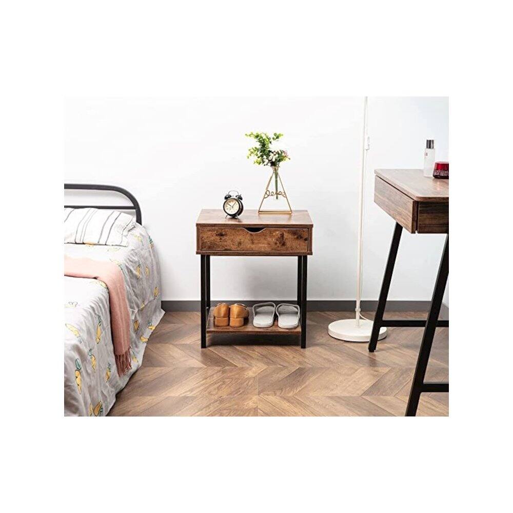 Angle. JJS - Bedside Table With Drawer And Storage Shelves - Rustic Brown.