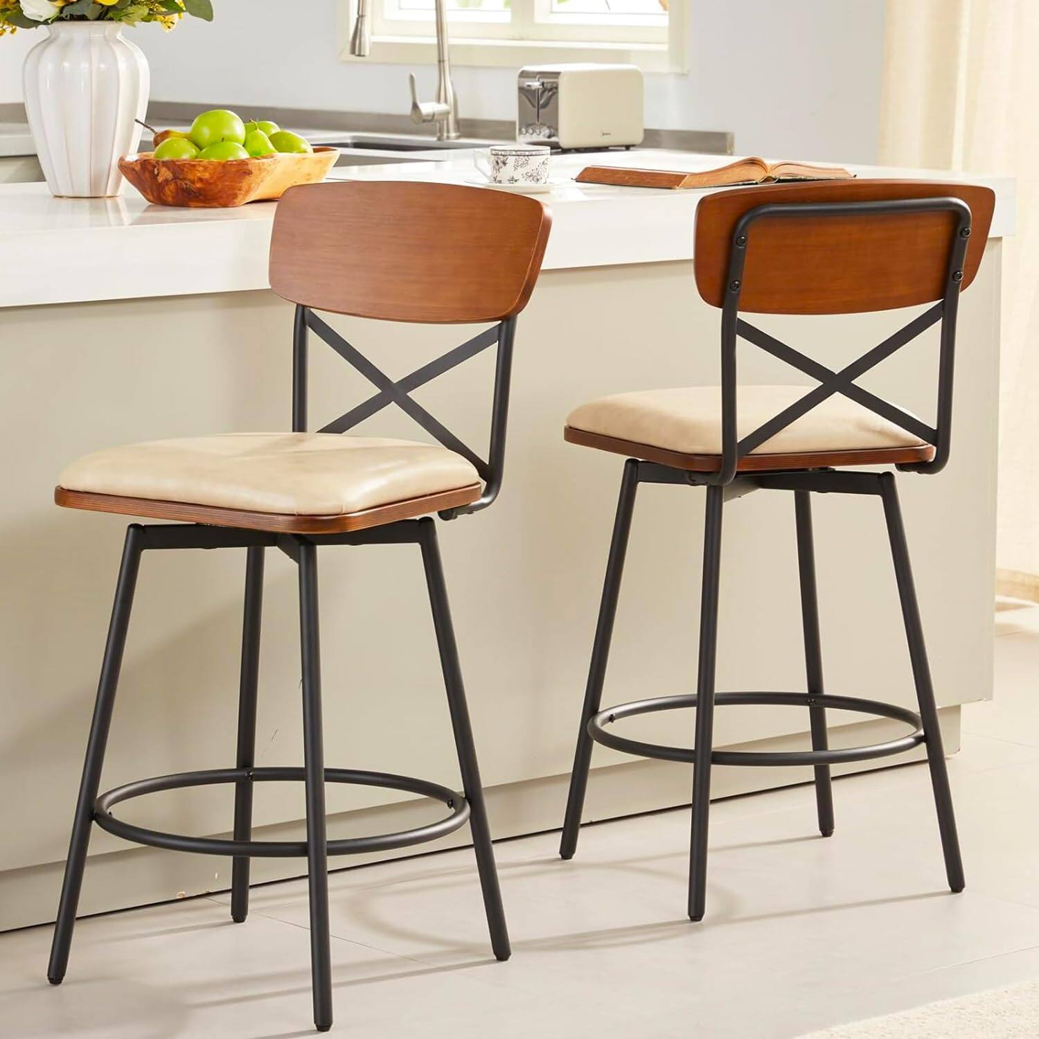 Front. JETRANSPORT - Swivel Counter Height Bar Stools Set Of 2 Upholstered Barstools With For Kitchen Island 26" Seat Solid - Soft Ivory 26" x2.