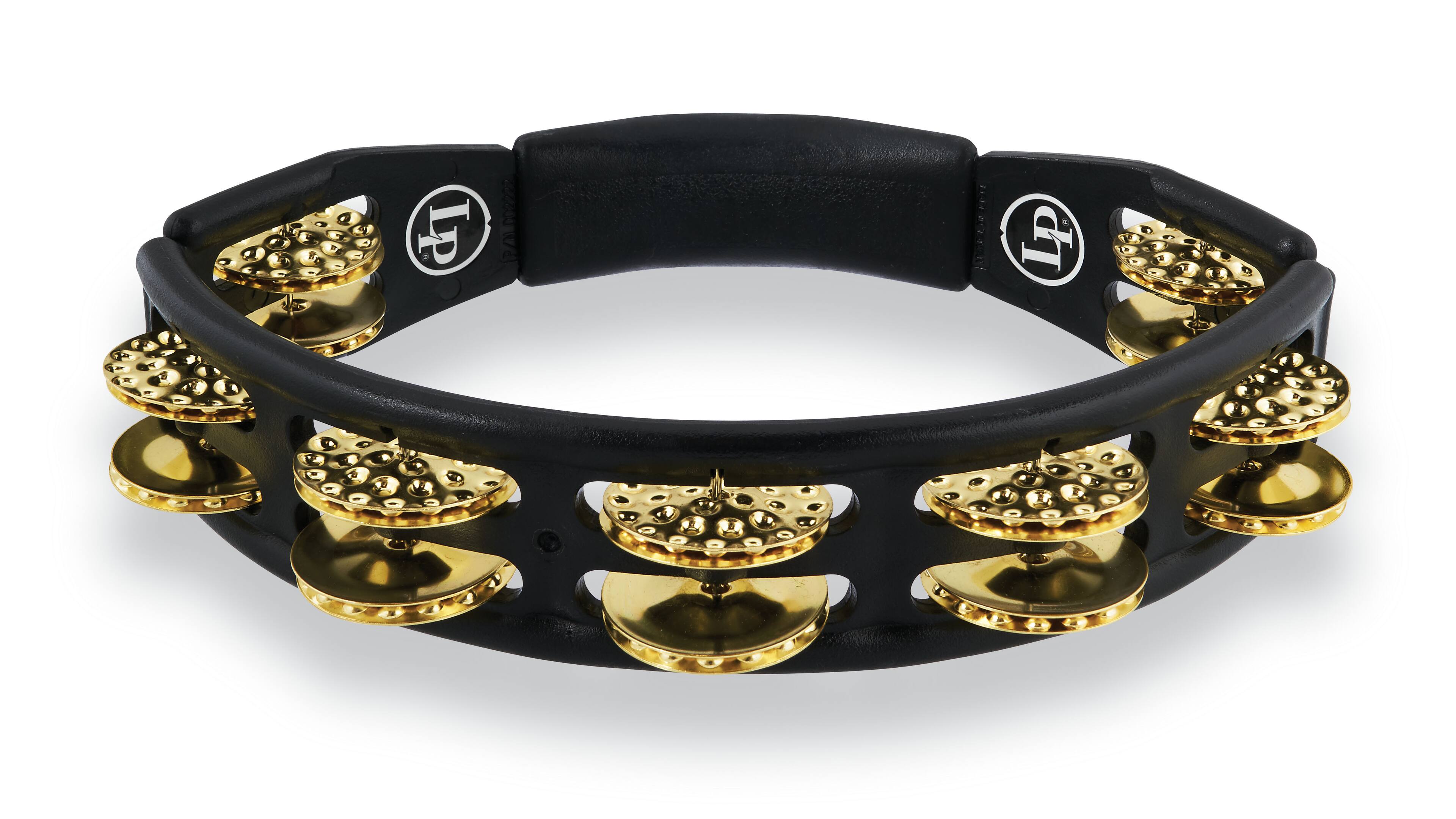 Left. Latin Percussion - Cyclops Handheld Tambourine Dimpled, Brass.