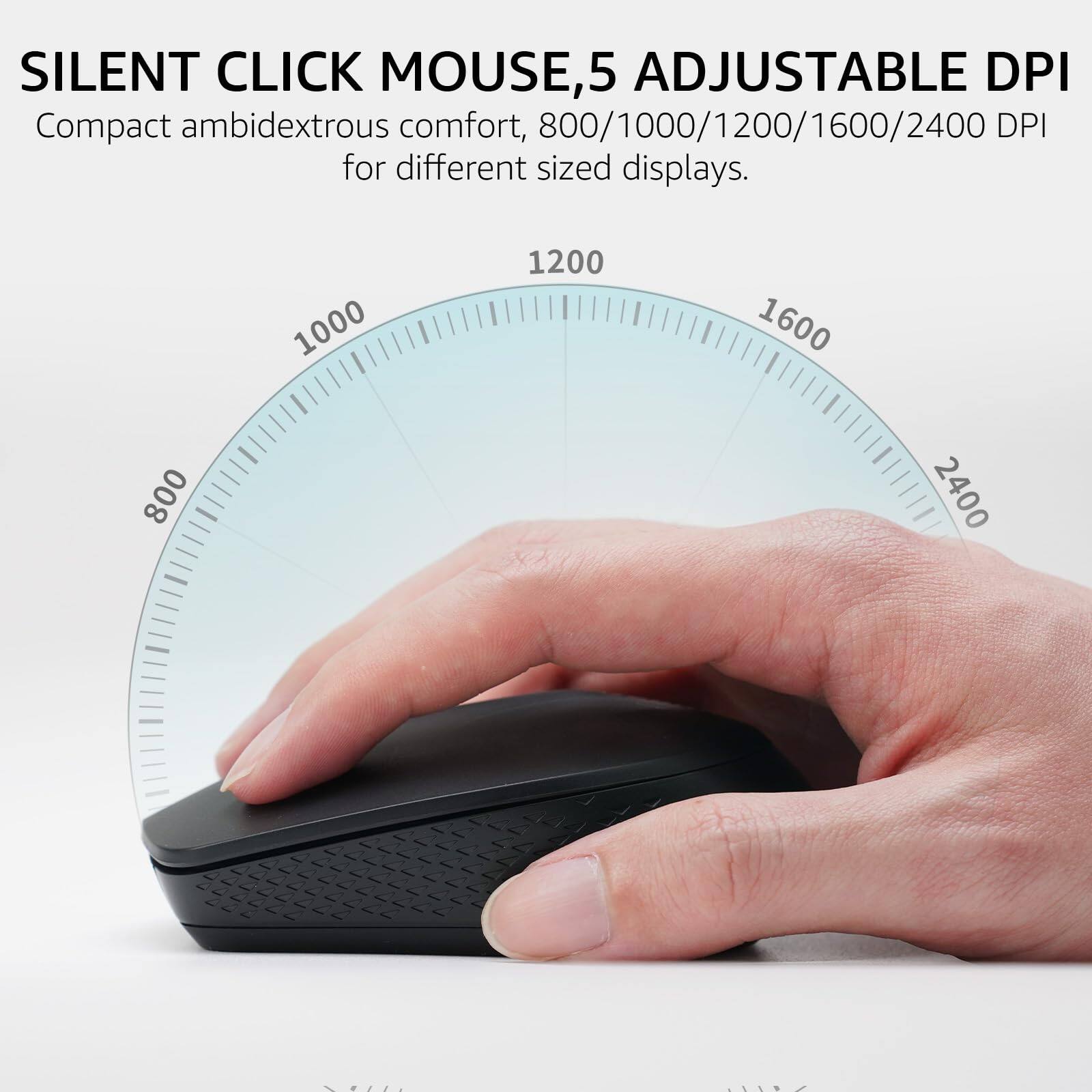 SILENT CLICK MOUSE, 5 ADJUSTABLE DPI  
Compact ambidextrous comfort, 800/1000/1200/1600/2400 DPI for different sized displays.