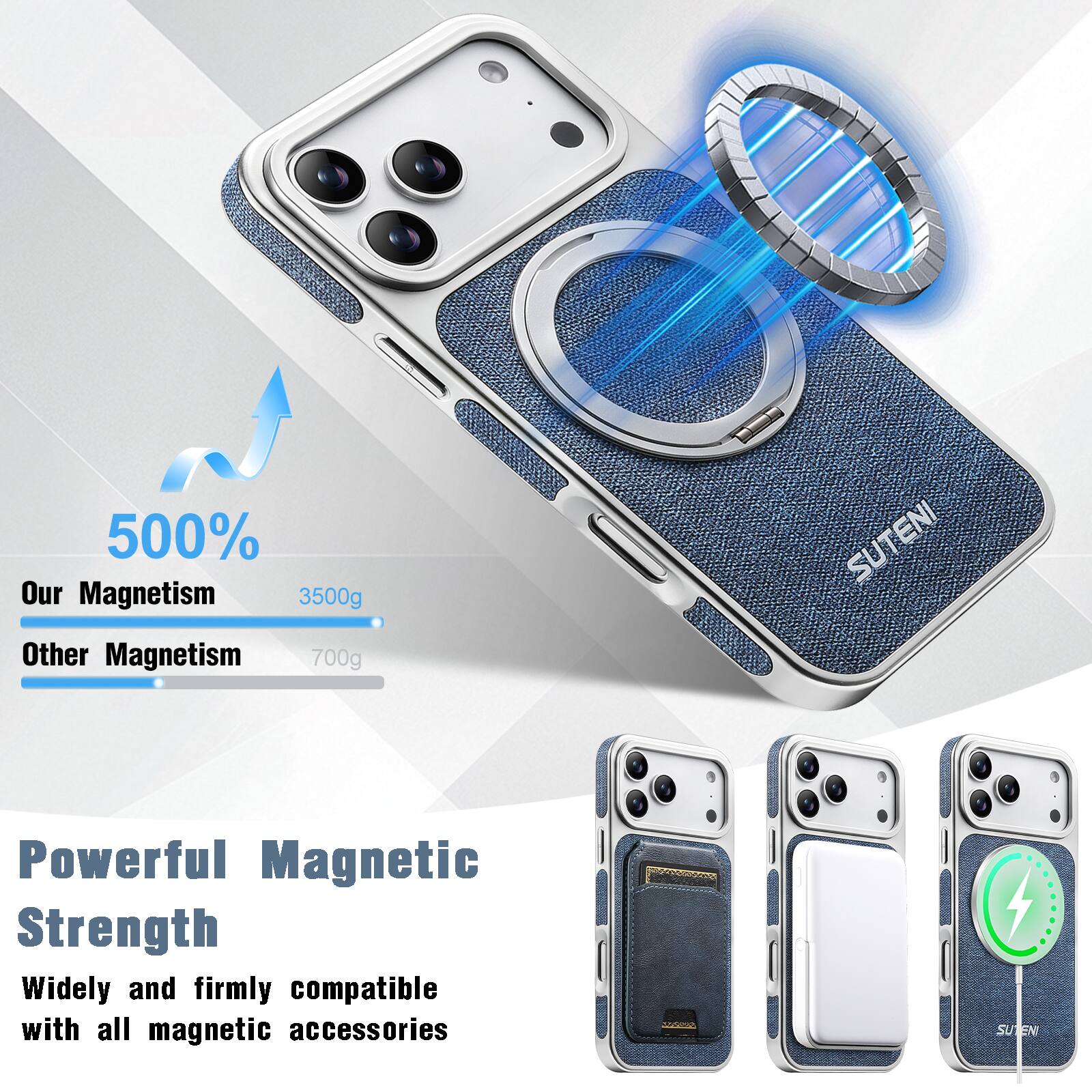 500% Our Magnetism  
3500g  
Other Magnetism  
700g  

SUTENI  
Powerful Magnetic Strength  
Widely and firmly compatible with all magnetic accessories