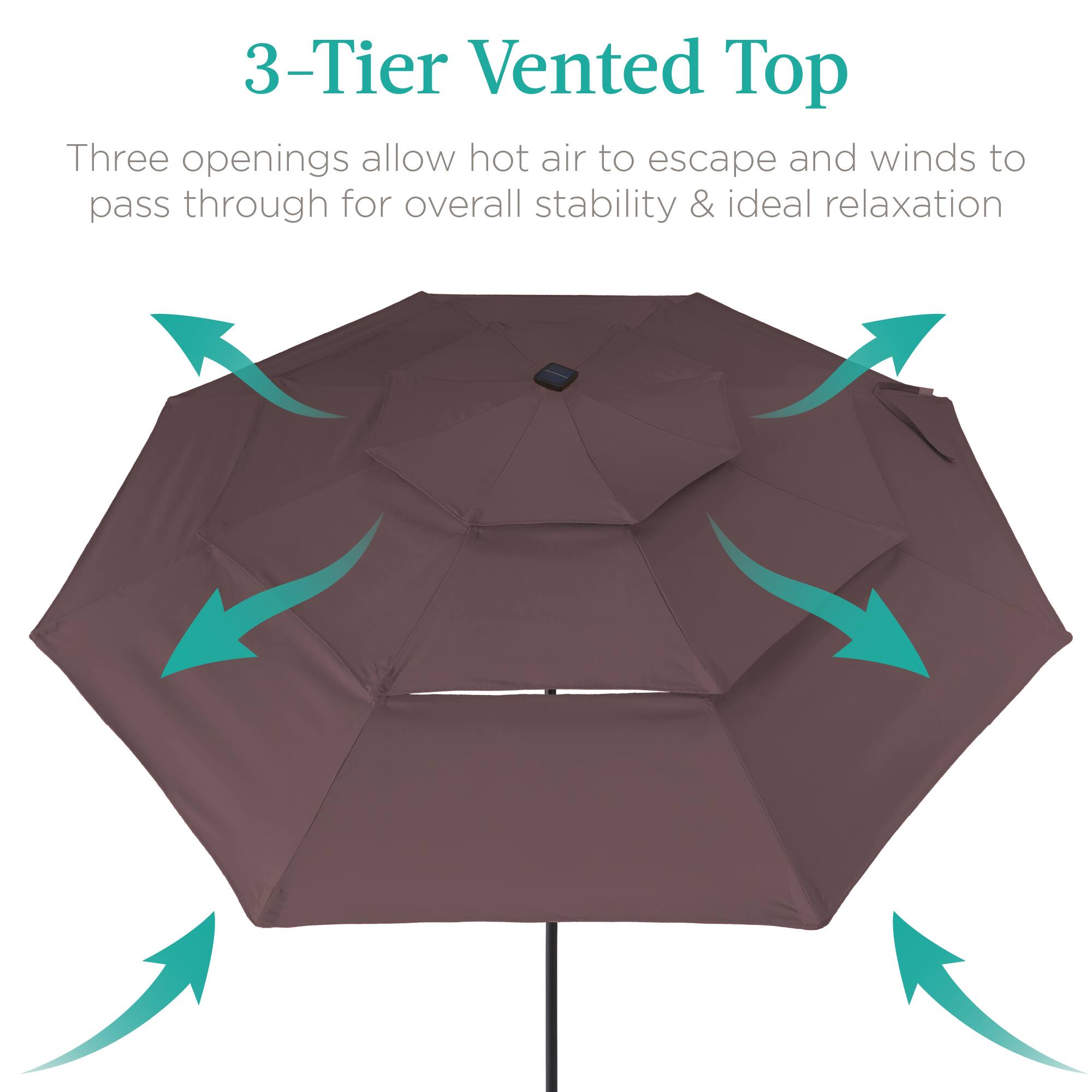3-Tier Vented Top

Three openings allow hot air to escape and winds to pass through for overall stability & ideal relaxation