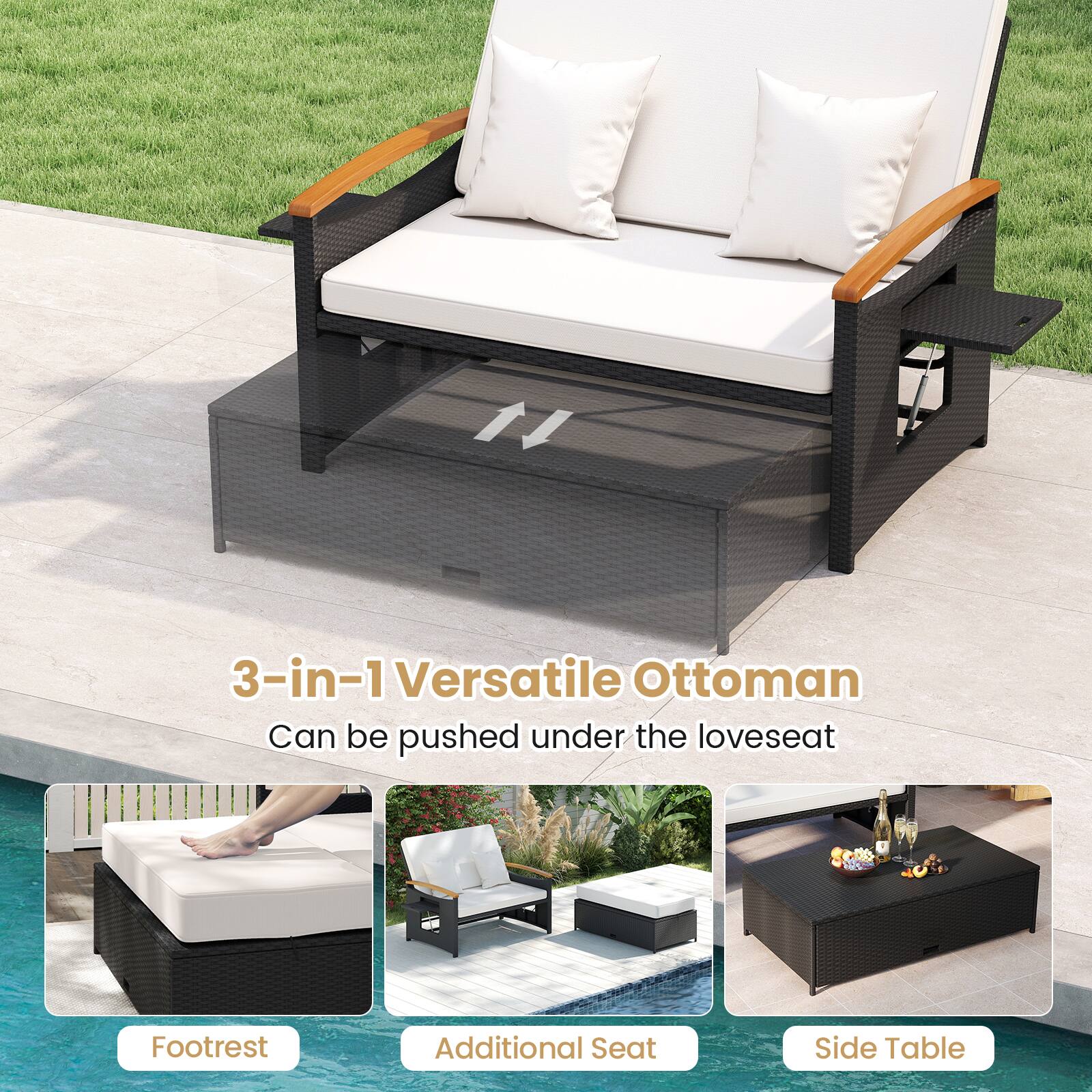 3-in-1 Versatile Ottoman  
Can be pushed under the loveseat  

Footrest  
Additional Seat  
Side Table