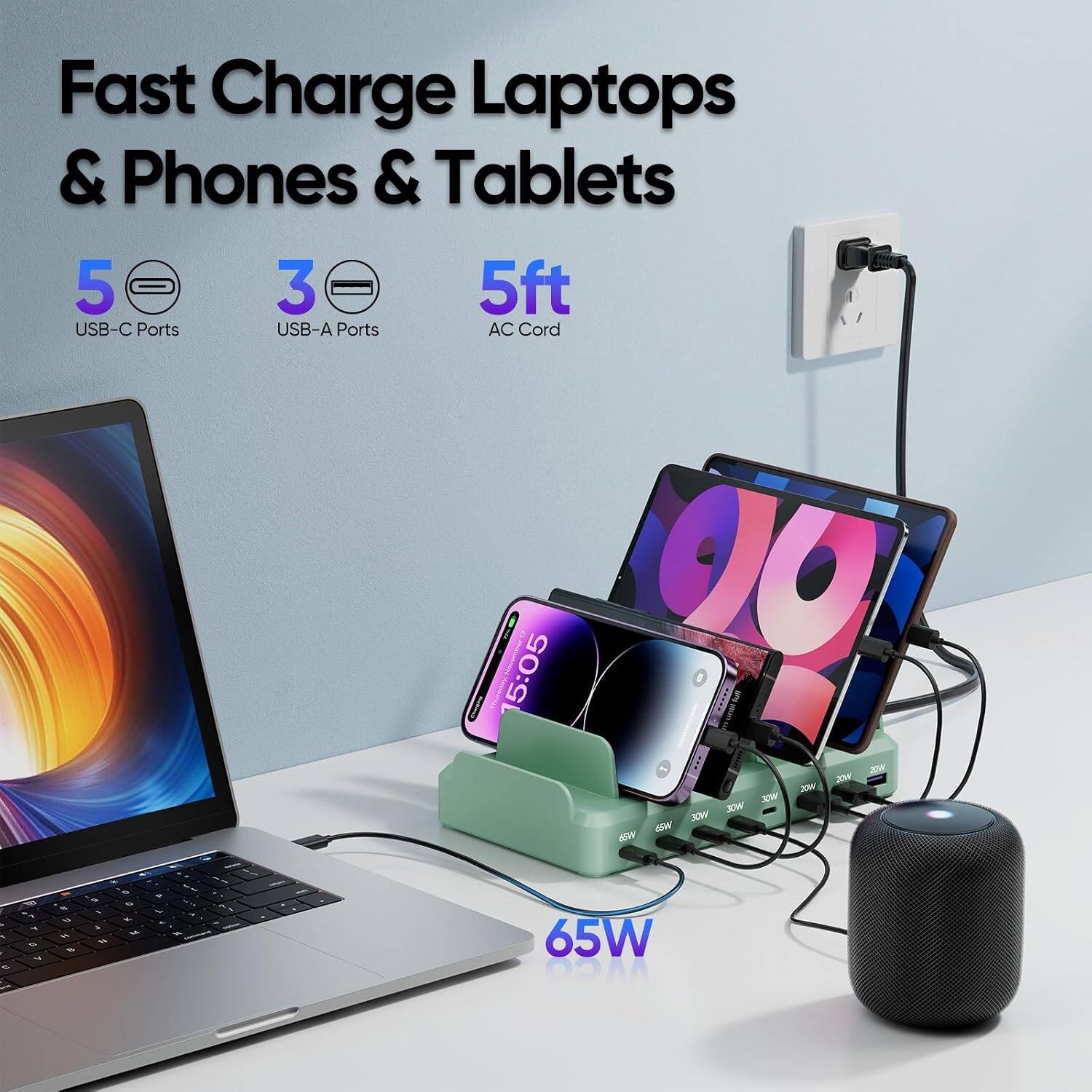 Fast Charge Laptops & Phones & Tablets  
5 USB-C Ports  
3 USB-A Ports  
5ft AC Cord  
20W  
20W  
30W  
30W  
65W