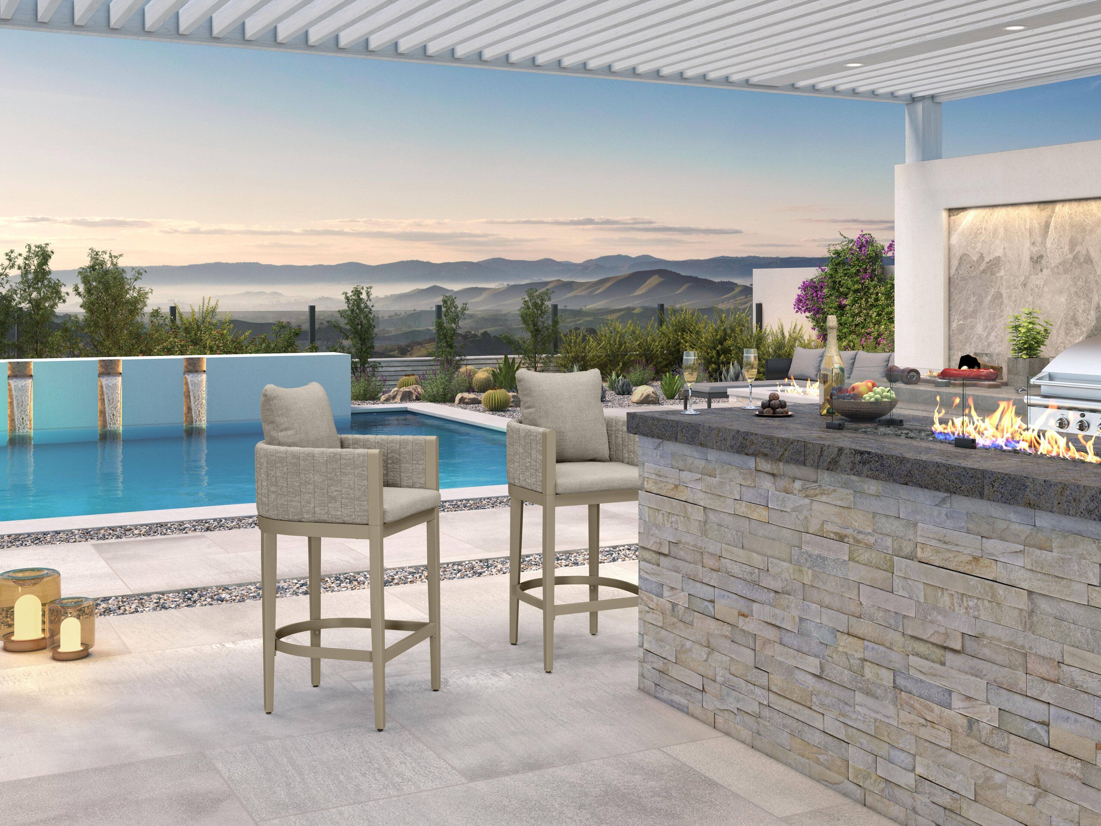 Alt View 1. PURPLE LEAF - Outdoor Bar Height Stool Set of 2 Aluminum Modern Olefin Barstools with Backrest Pillow for Garden Balcony Lawn - Champagne & Square Base-Bar Stool.