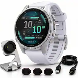 Garmin - Fenix 8 43 mm AMOLED Silver with Whitestone Band + Charging Dock Bundle - Silver - (2024)
