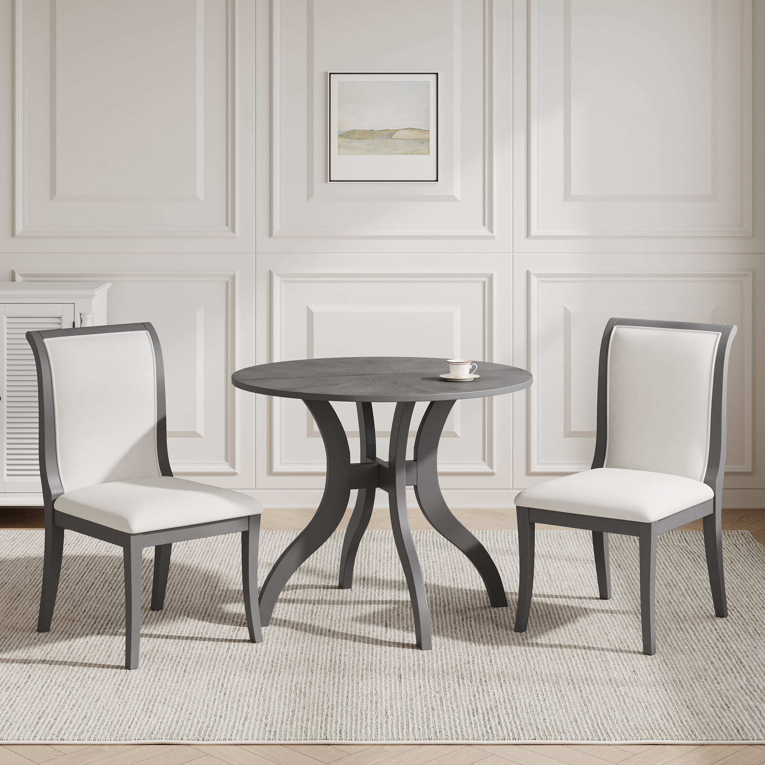 TinyHomie - Dining Table Set 39.4in Round Table 2 Chairs Traditional Solid Wood Kitchen Set with Inlaid Tabletop Elegant Curved Legs - Grey and White