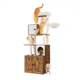 Songmics Home - Cat Tree with Litter Box Enclosure, 70.1-Inch Tall Cat Tower, 2-in-1 Modern Condo with Scratching Posts, Perch, Caves - Rustic Brown