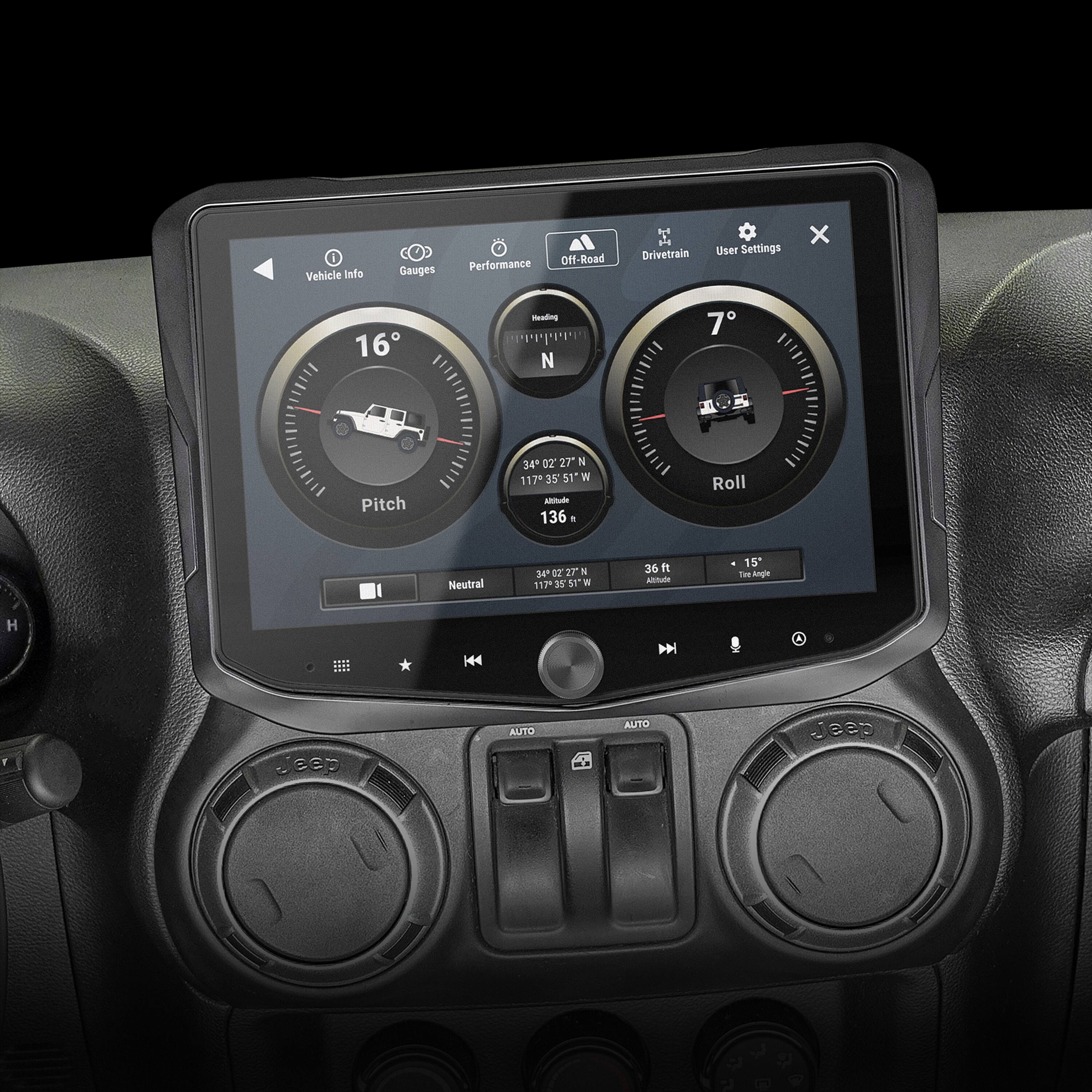 Vehicle Info Gauges Performance Off-Read M Drivetrain User Settings X 16 Heading N 7 Pitch 34* 02 27' N 117 35 51" W - 136 i Roll Neutral 34 07 27 g 117 15 51  36 i1 Alchate 15 1o Ange H 144 D A F sep AUTO AUTO Jeep