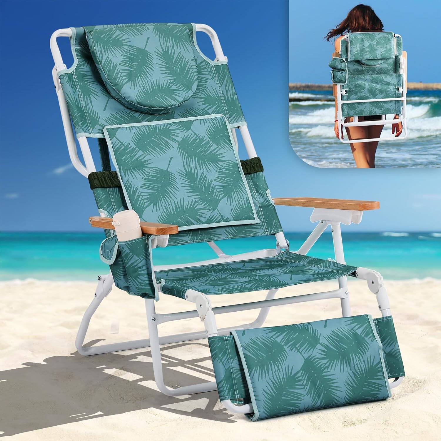 Alt View 6. Winado - 40in Beach Tanning Chair 3in1 with Face Hole Reclining Lounge, Foot Rest, Cup Holder, Storage Bag, for Outdoor Beach - Green Leaf.
