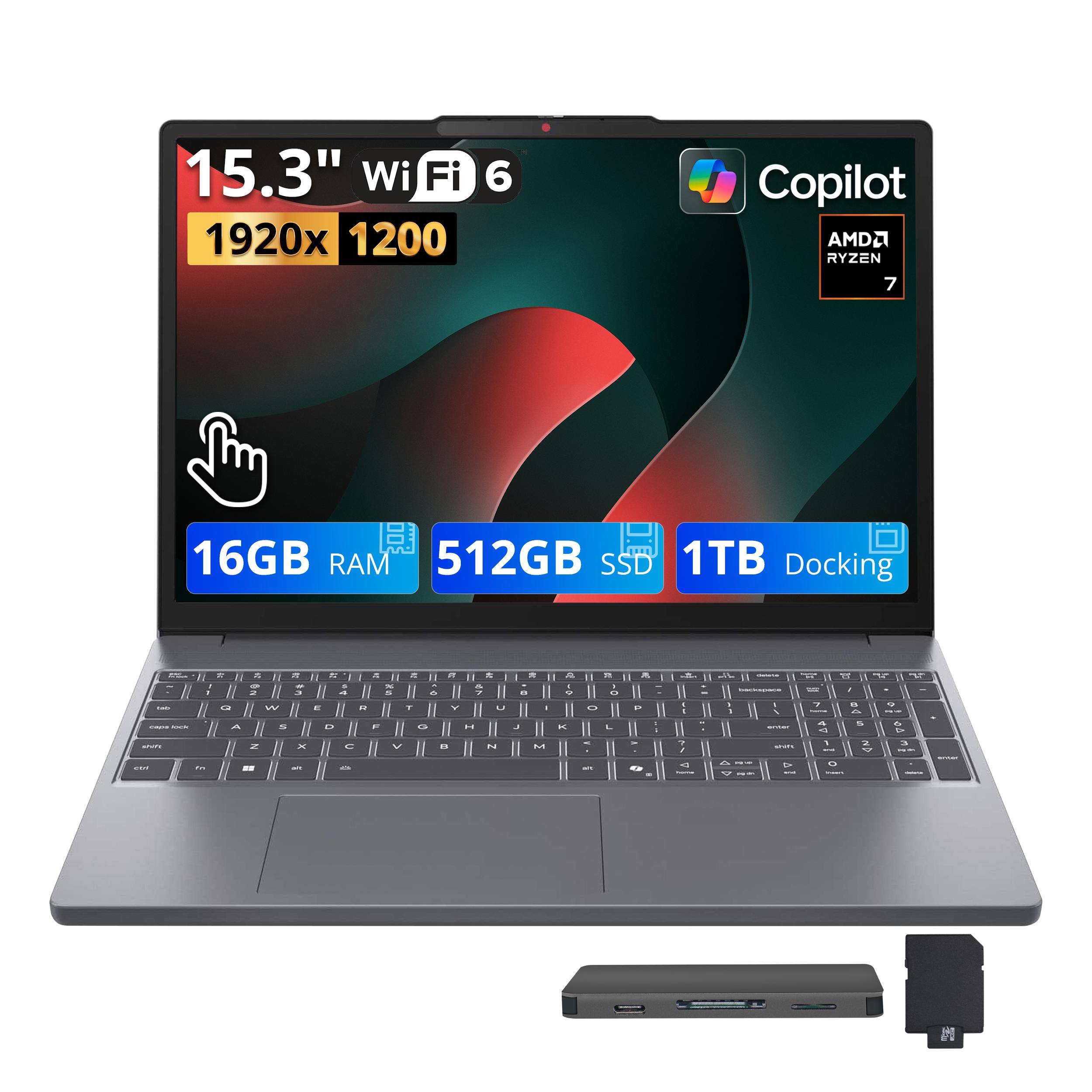 Lenovo - IdeaPad Slim 3 15.3" 2K Touchscreen Laptop,AMD Ryzen 7 170,16GB RAM,512GB SSD+1TB Dock Set,Radeon Graphics,Win 11,Grey - Gray