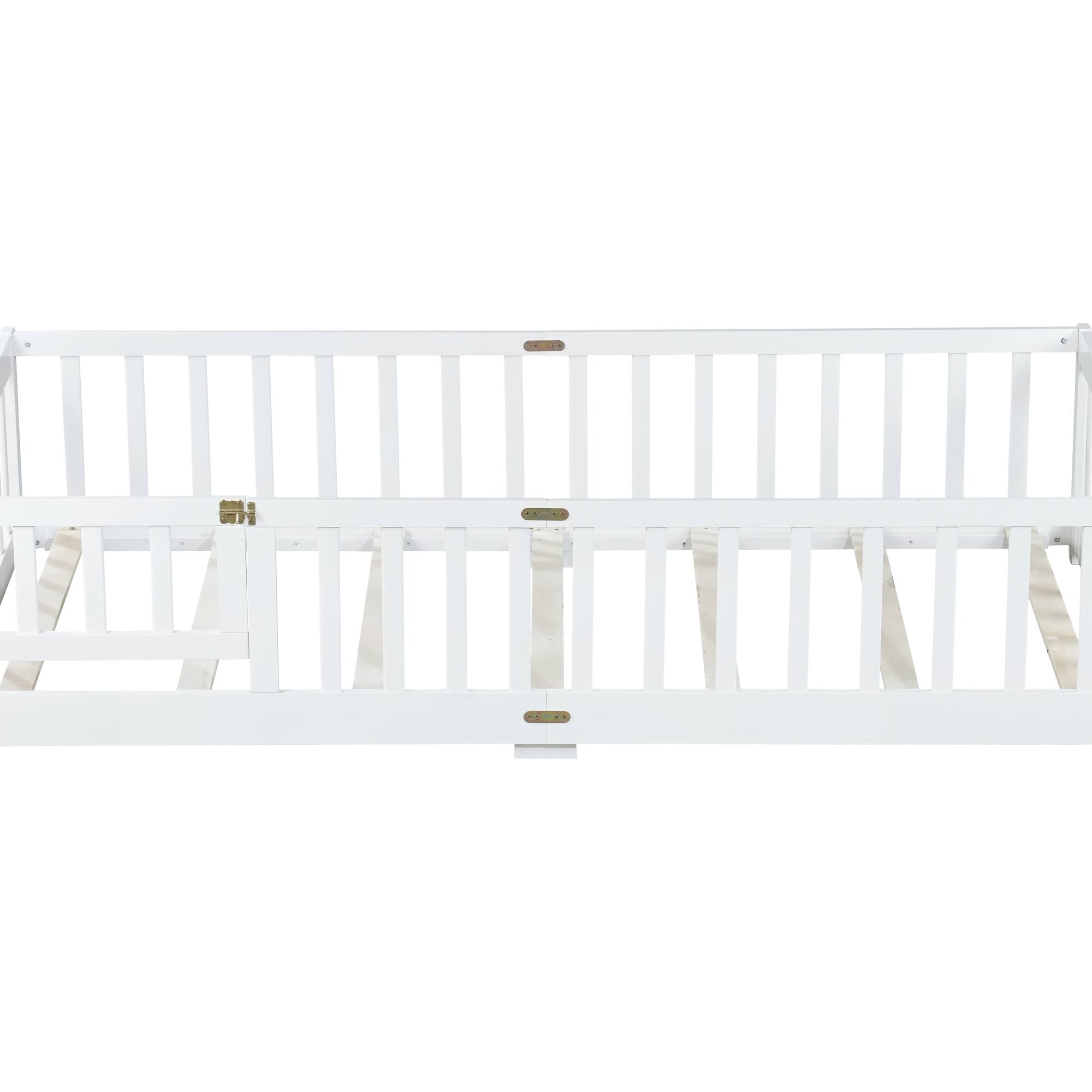 Left. GOODSILO - Twin Size Floor Bed with Safety Fence and Door for Kids, Sturdy Rubber Wood Construction - White.