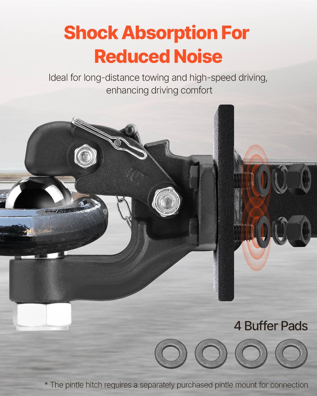 Shock Absorption For Reduced Noise

Ideal for long-distance towing and high-speed driving, enhancing driving comfort

4 Buffer Pads

* The pintle hitch requires a separately purchased pintle mount for connection