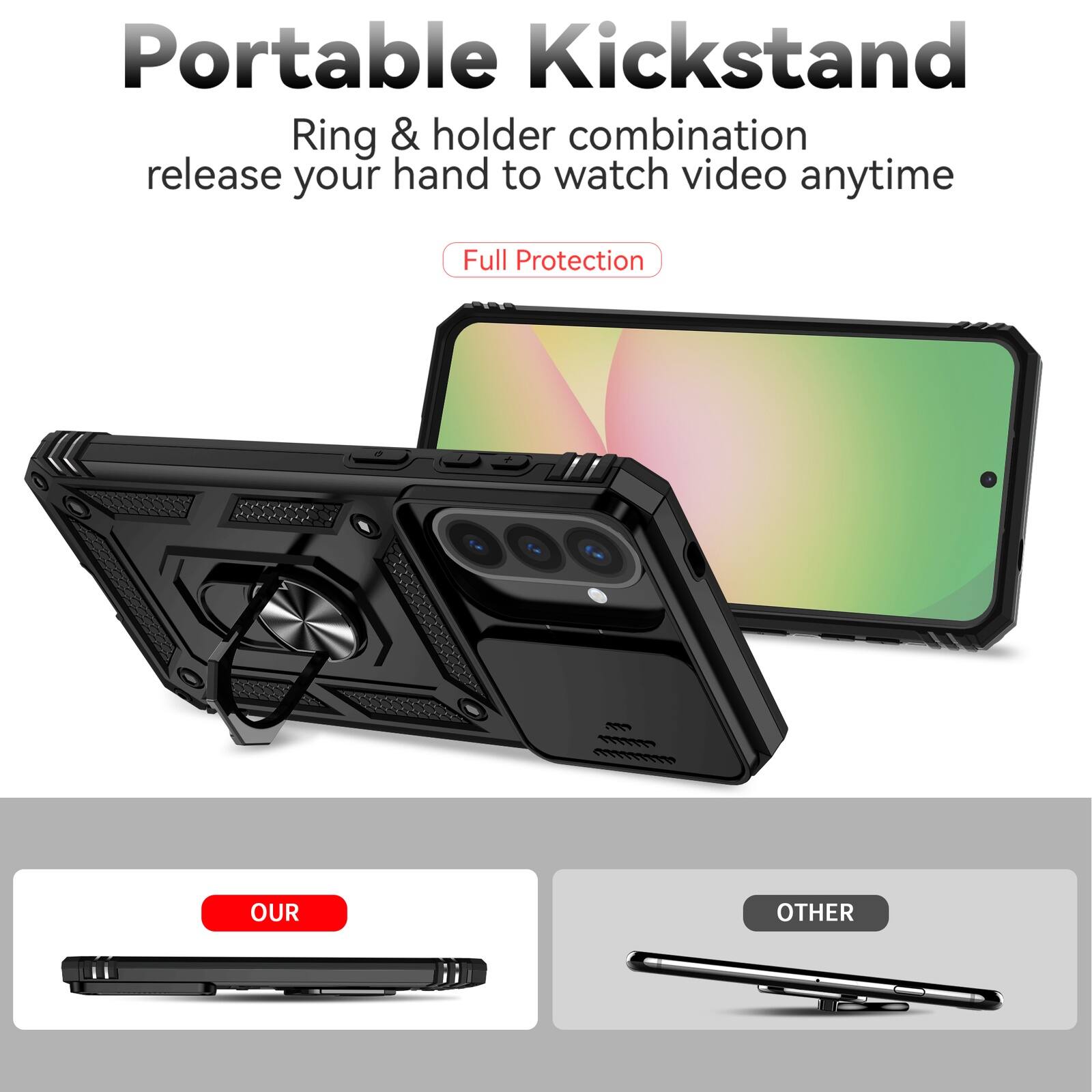 Portable Kickstand  
Ring & holder combination release your hand to watch video anytime  
Full Protection  

OUR  
OTHER